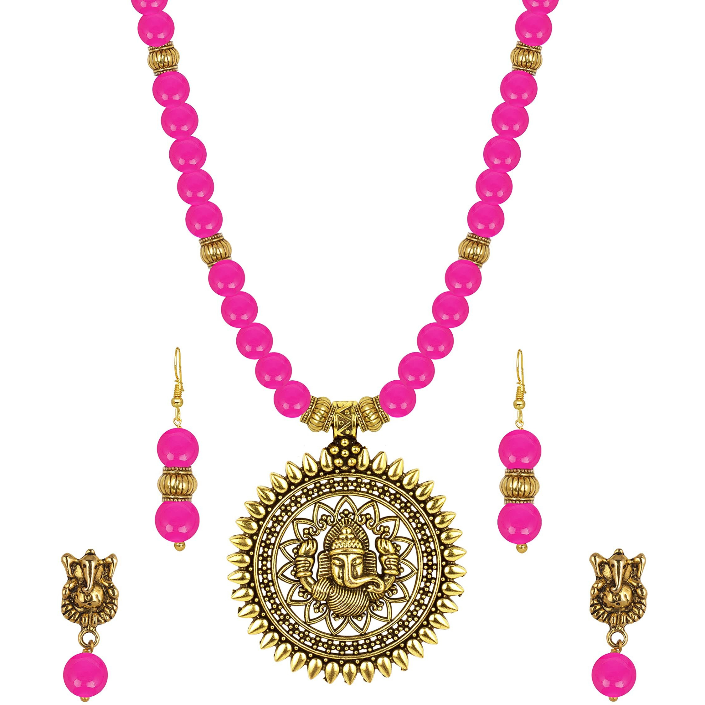 JFL - Jewellery for Less Fashionable Gold Plated Oxidized German Ganesha Beaded Necklace with 2 pair of Earrings Set for Women and Girls(Rani Pink),Valentine