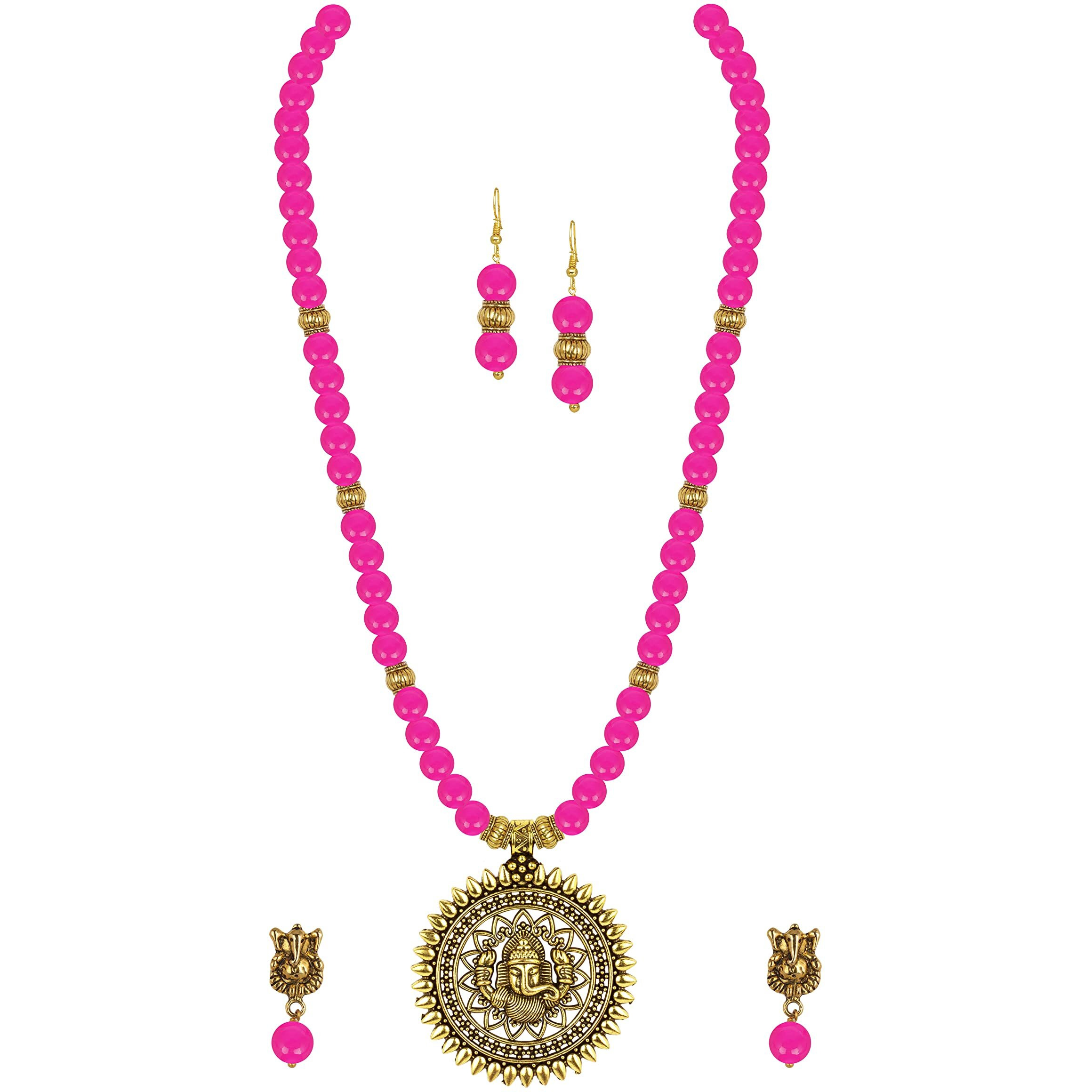 JFL - Jewellery for Less Fashionable Gold Plated Oxidized German Ganesha Beaded Necklace with 2 pair of Earrings Set for Women and Girls(Rani Pink),Valentine