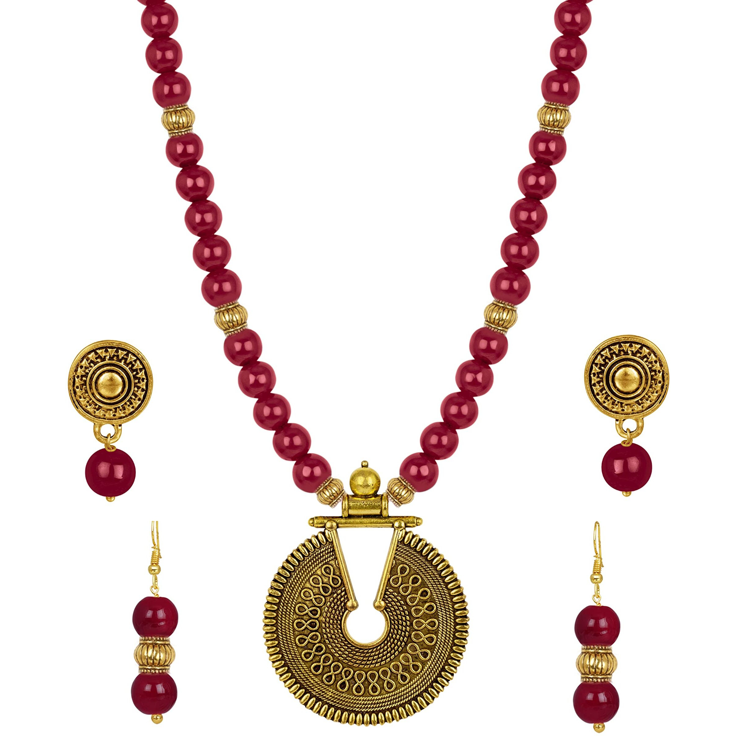 JFL - Jewellery for Less Traditional Fashion Floral Beaded Necklace Set for Women and Girls (Maroon)