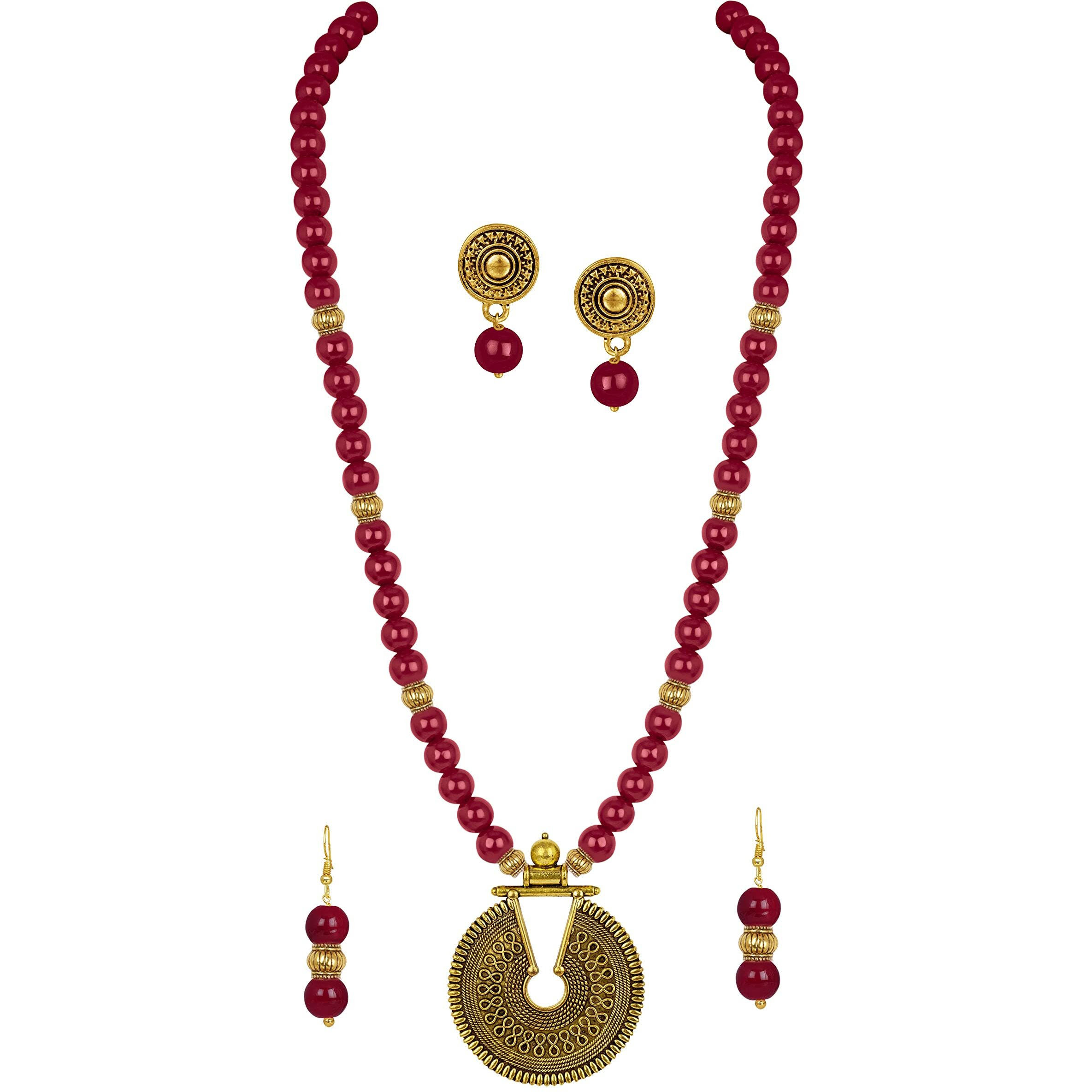 JFL - Jewellery for Less Traditional Fashion Floral Beaded Necklace Set for Women and Girls (Maroon)