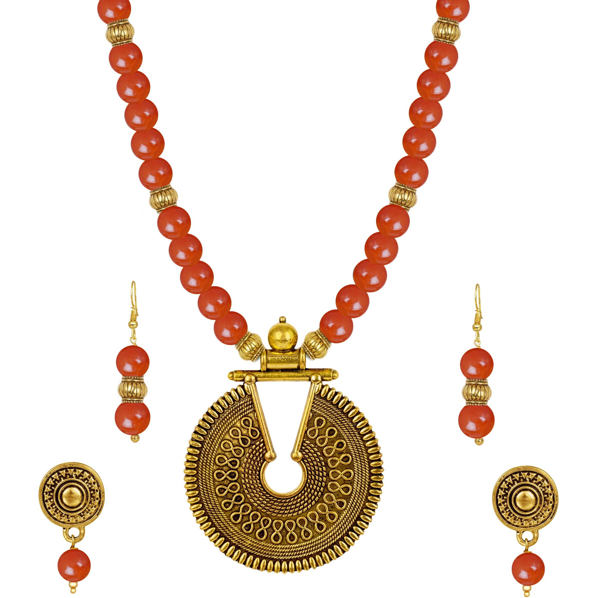 JFL - Jewellery for Less Fashionable Gold Plated Oxidized German Key Hole Beaded Necklace with 2 pair of Earrings Set for Women and Girls(Orange),Valentine