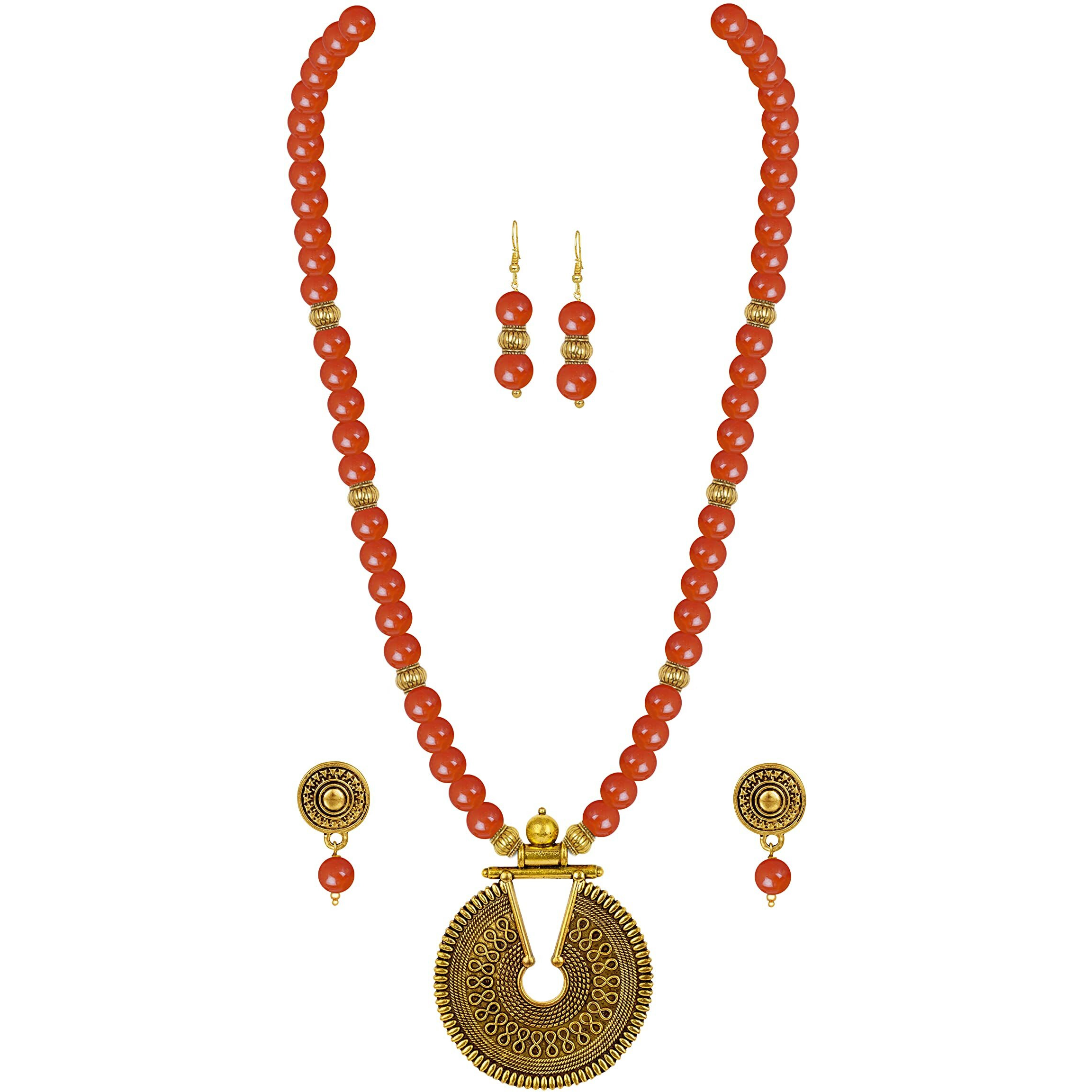 JFL - Jewellery for Less Fashionable Gold Plated Oxidized German Key Hole Beaded Necklace with 2 pair of Earrings Set for Women and Girls(Orange),Valentine