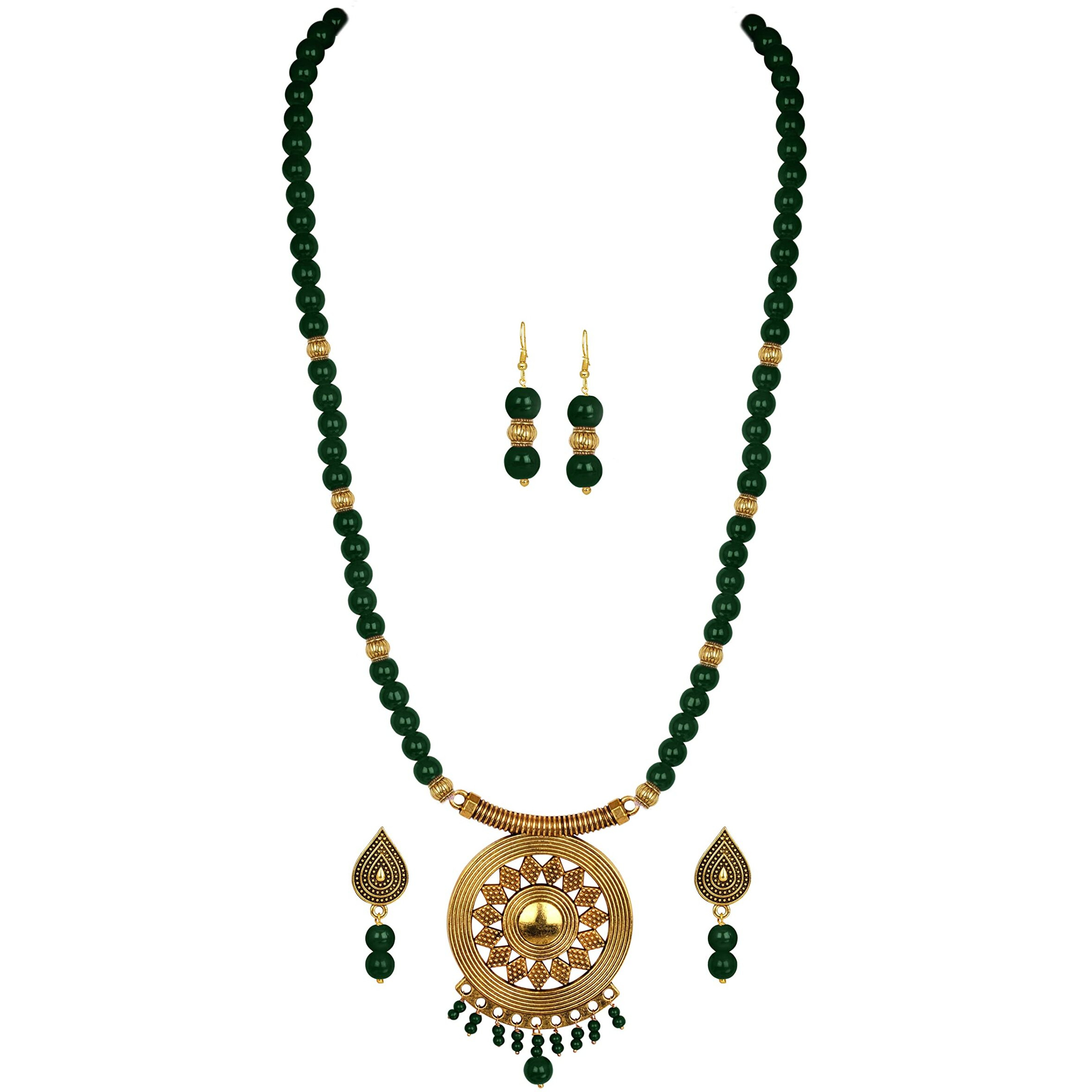 JFL - Jewellery for Less Gold Plated Floral Onyx Stone Necklace Set for Women (Green),Valentine