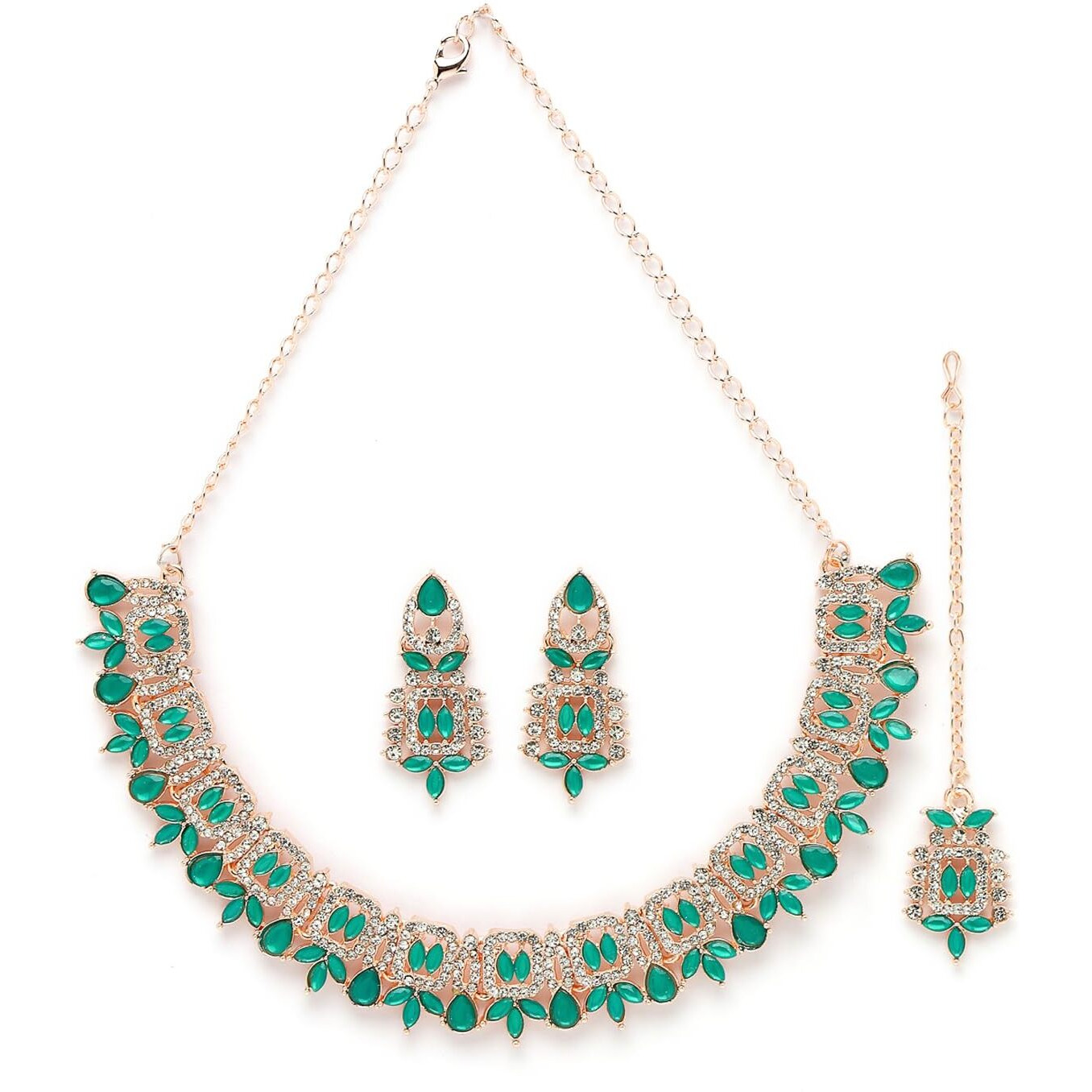 Sukkhi Admirable Fashionable AD Sea-Green Stones Collar Bone Necklace Set With Earring And Maangtika | Jewellery Set For Women (NS105559)