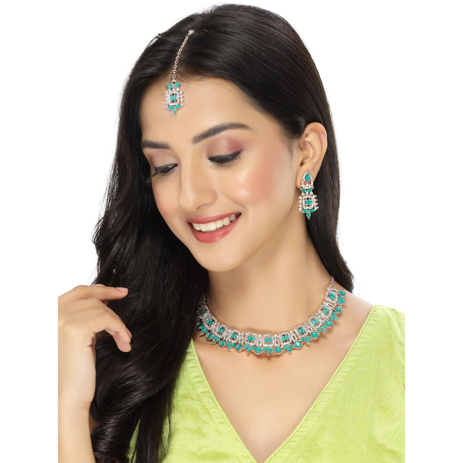 Sukkhi Admirable Fashionable AD Sea-Green Stones Collar Bone Necklace Set With Earring And Maangtika | Jewellery Set For Women (NS105559)