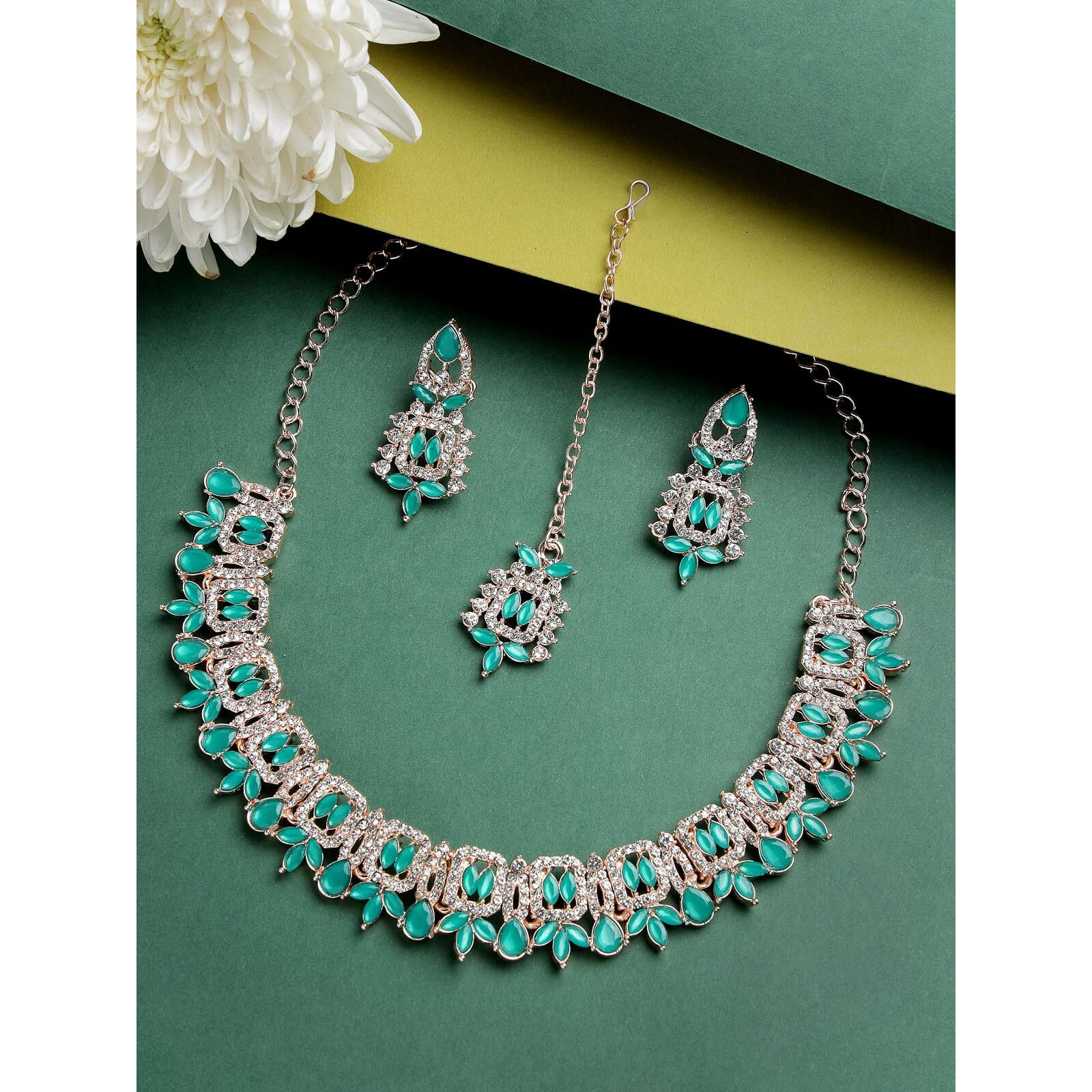 Sukkhi Admirable Fashionable AD Sea-Green Stones Collar Bone Necklace Set With Earring And Maangtika | Jewellery Set For Women (NS105559)