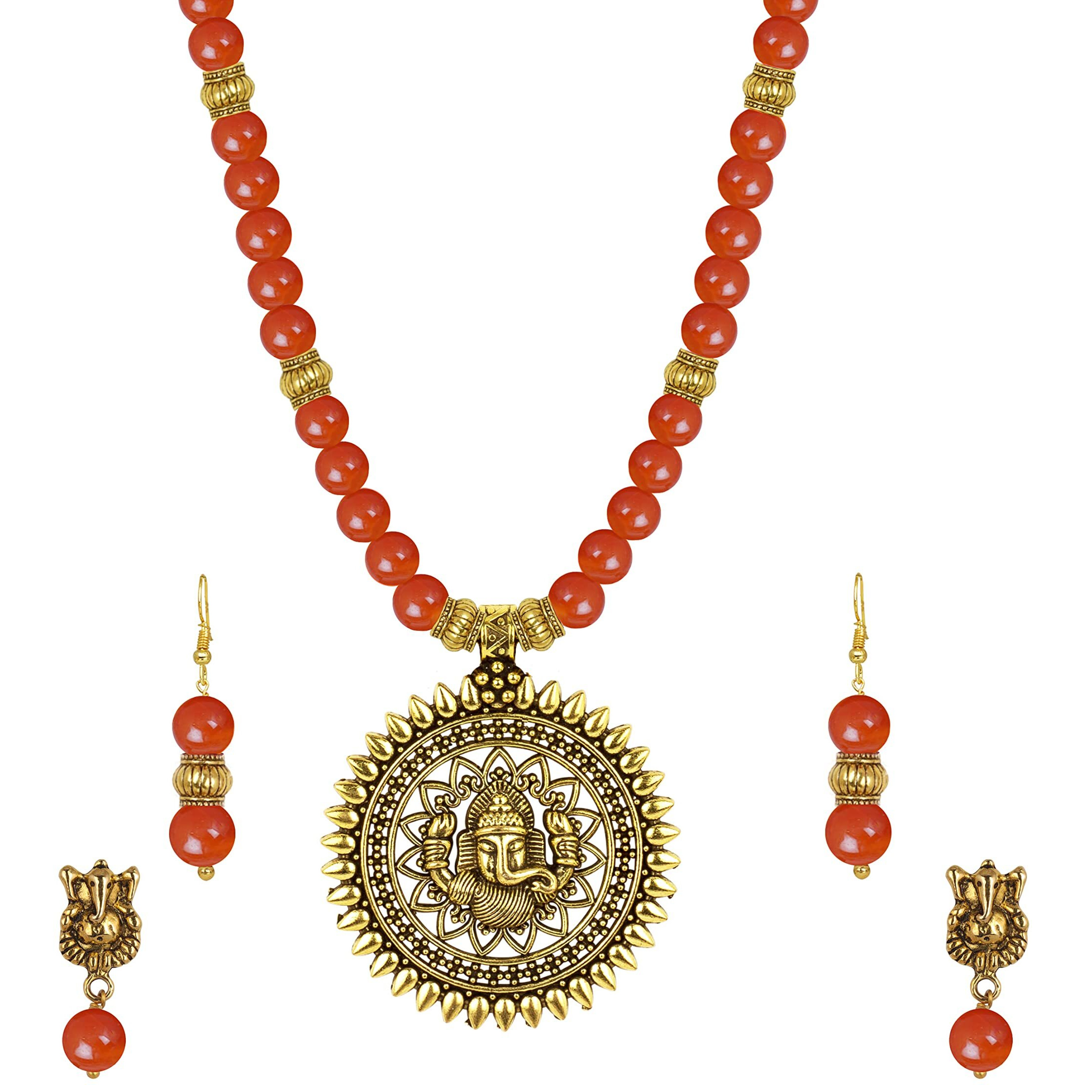 JFL - Jewellery for Less Fashionable Gold Plated Oxidized German Ganesha Beaded Necklace with 2 pair of Earrings Set for Women and Girls(Orange),Valentine