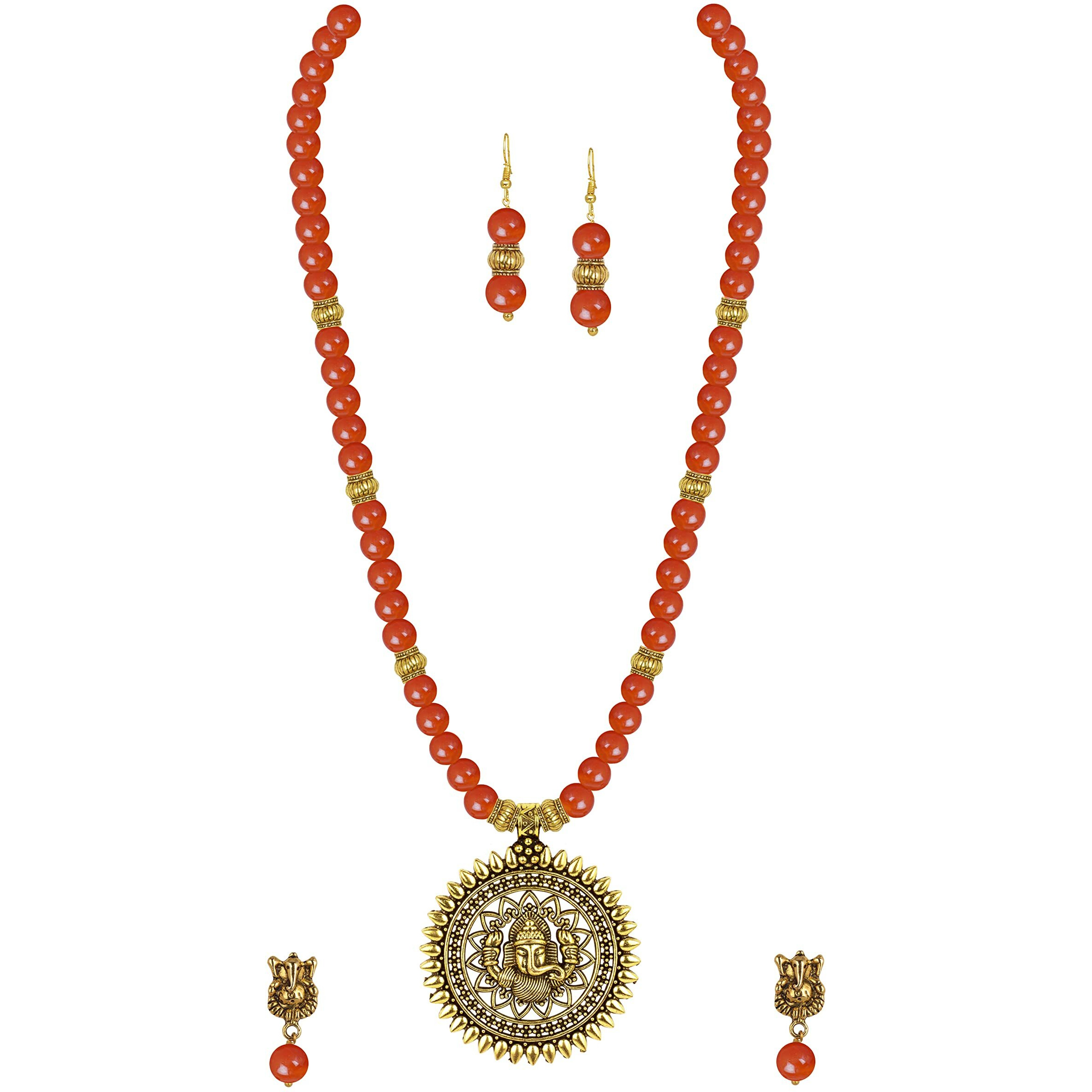 JFL - Jewellery for Less Fashionable Gold Plated Oxidized German Ganesha Beaded Necklace with 2 pair of Earrings Set for Women and Girls(Orange),Valentine