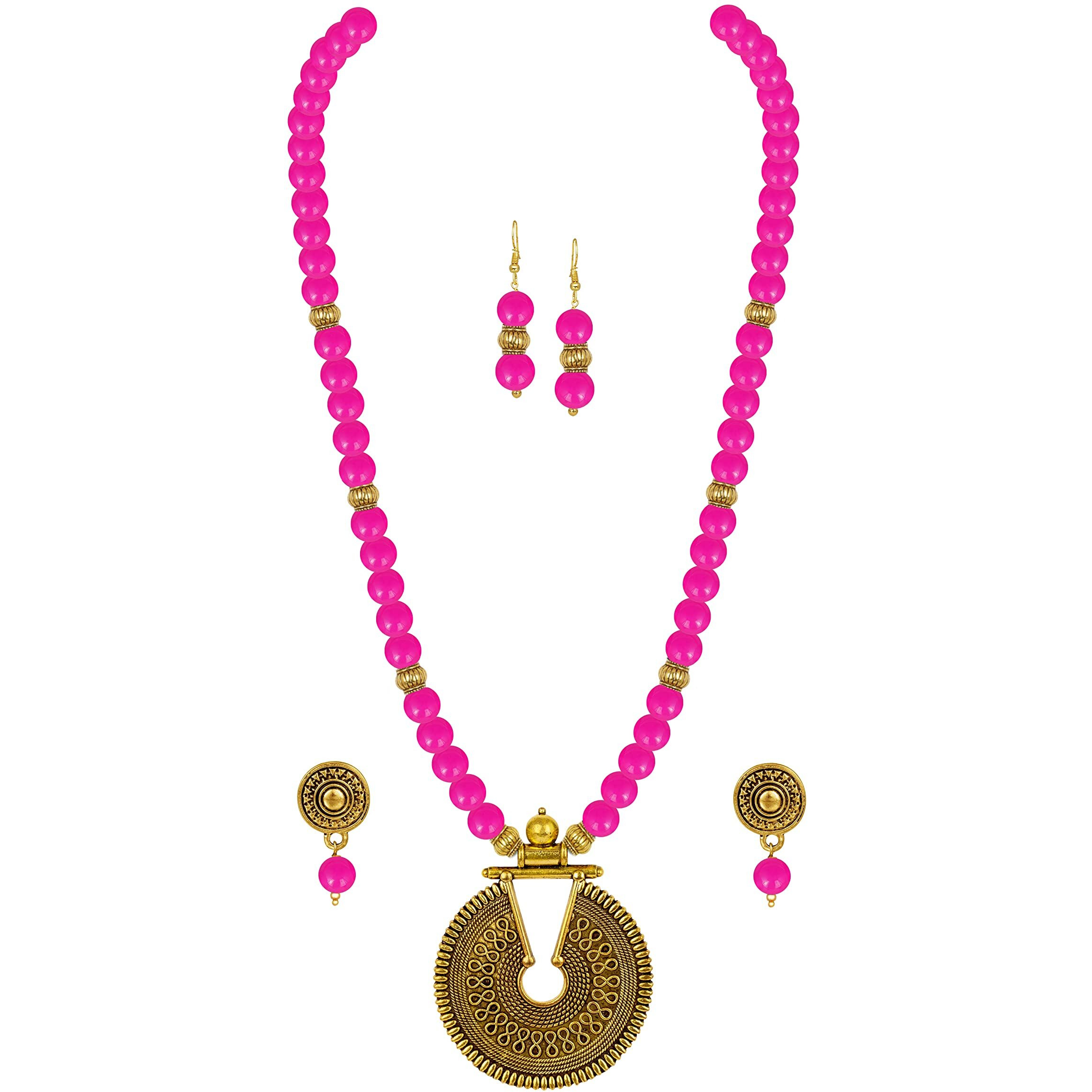 JFL - Jewellery for Less Fashionable Gold Plated Oxidized German Key Hole Beaded Necklace with 2 pair of Earrings Set for Women and Girls(Rani Pink),Valentine