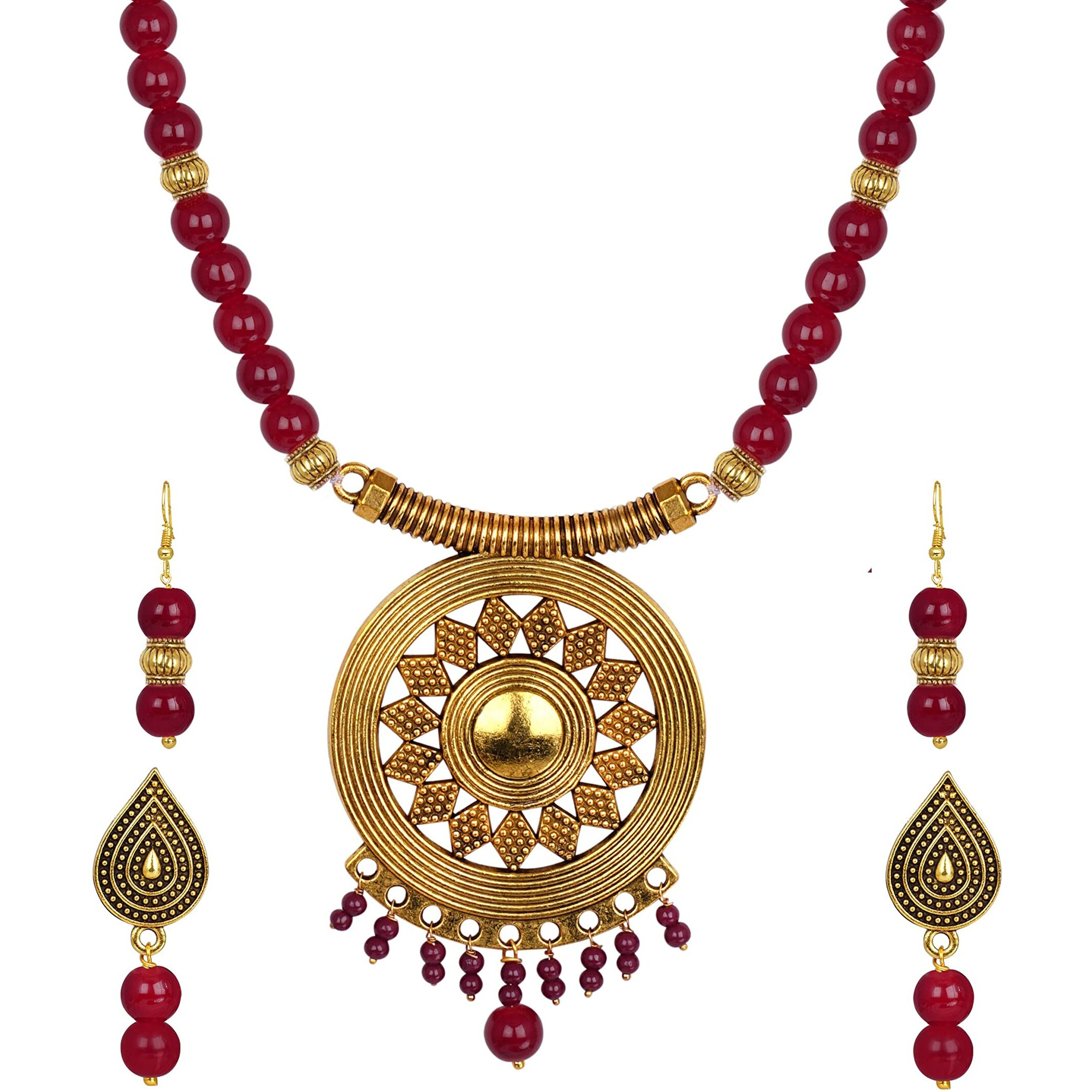 JFL - Jewellery for Less Gold Plated Floral Onyx Stone Necklace Set for Women (Maroon),Valentine