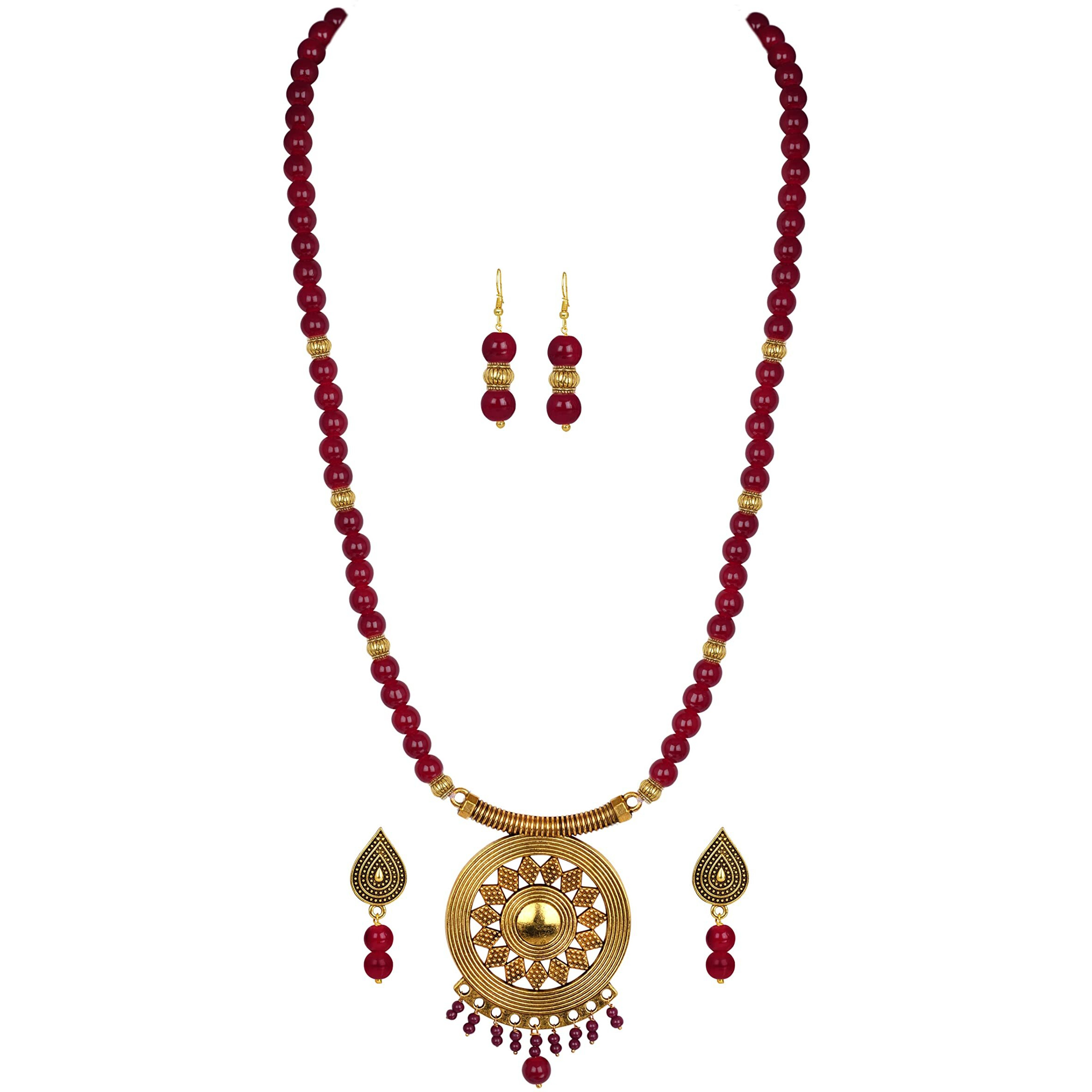 JFL - Jewellery for Less Gold Plated Floral Onyx Stone Necklace Set for Women (Maroon),Valentine