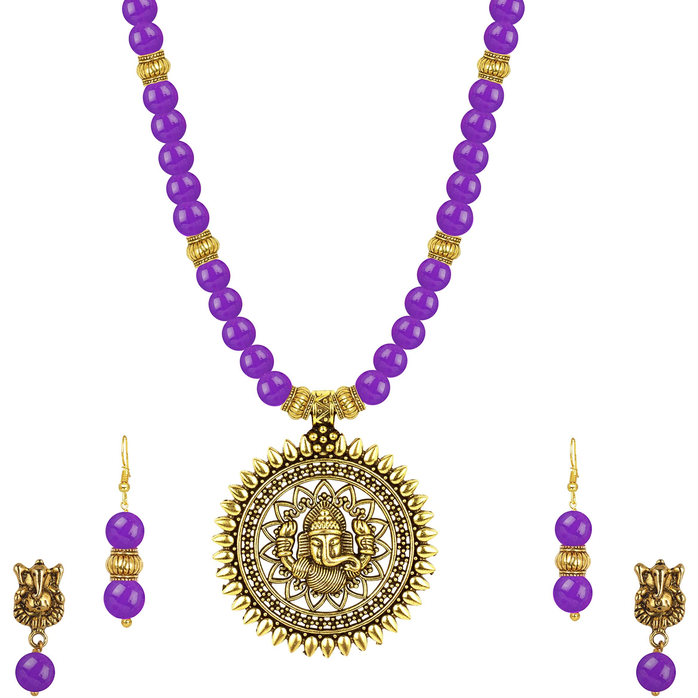 JFL - Jewellery for Less Fashionable Gold Plated Oxidized German Ganesha Beaded Necklace with 2 pair of Earrings Set for Women and Girls(Purple),Valentine