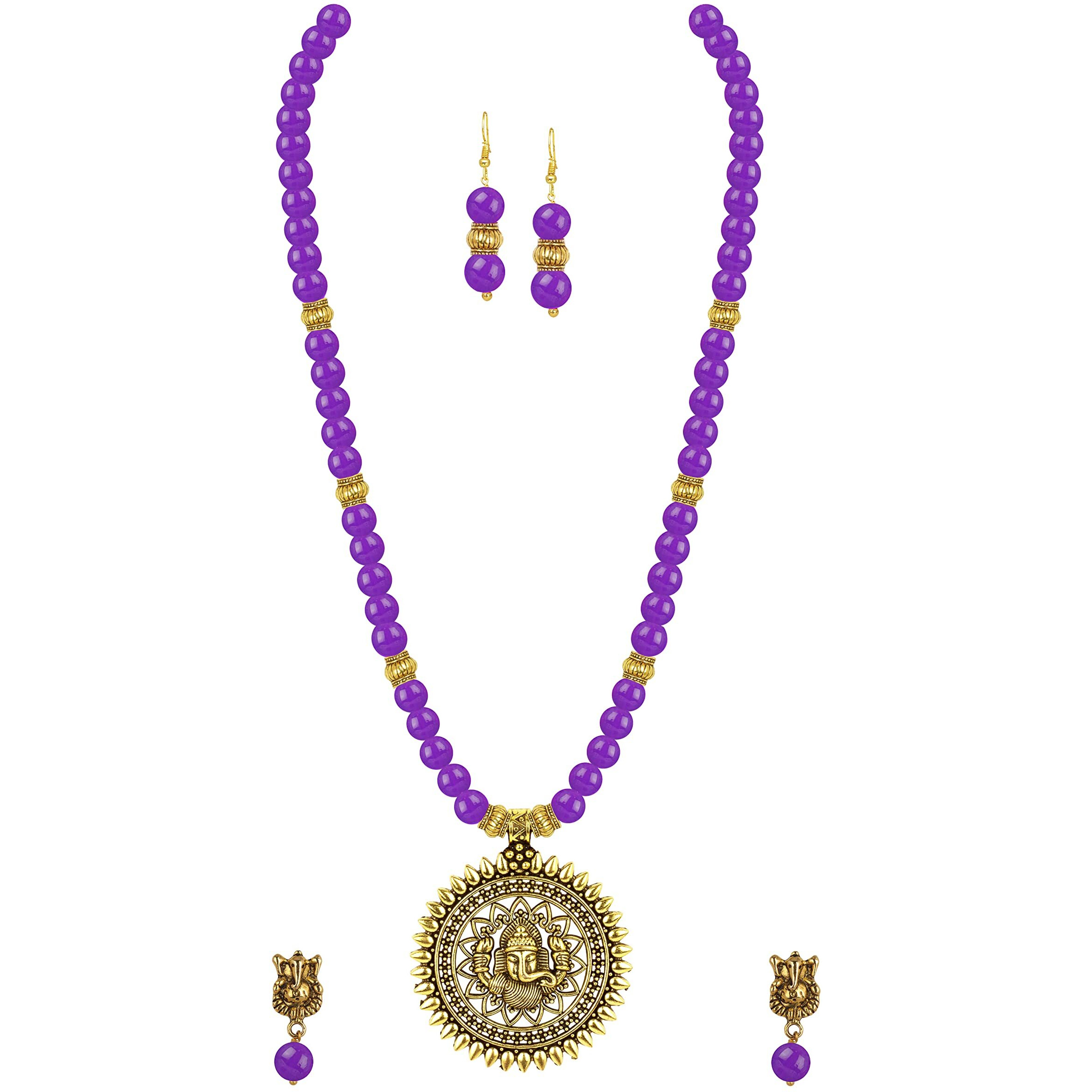 JFL - Jewellery for Less Fashionable Gold Plated Oxidized German Ganesha Beaded Necklace with 2 pair of Earrings Set for Women and Girls(Purple),Valentine