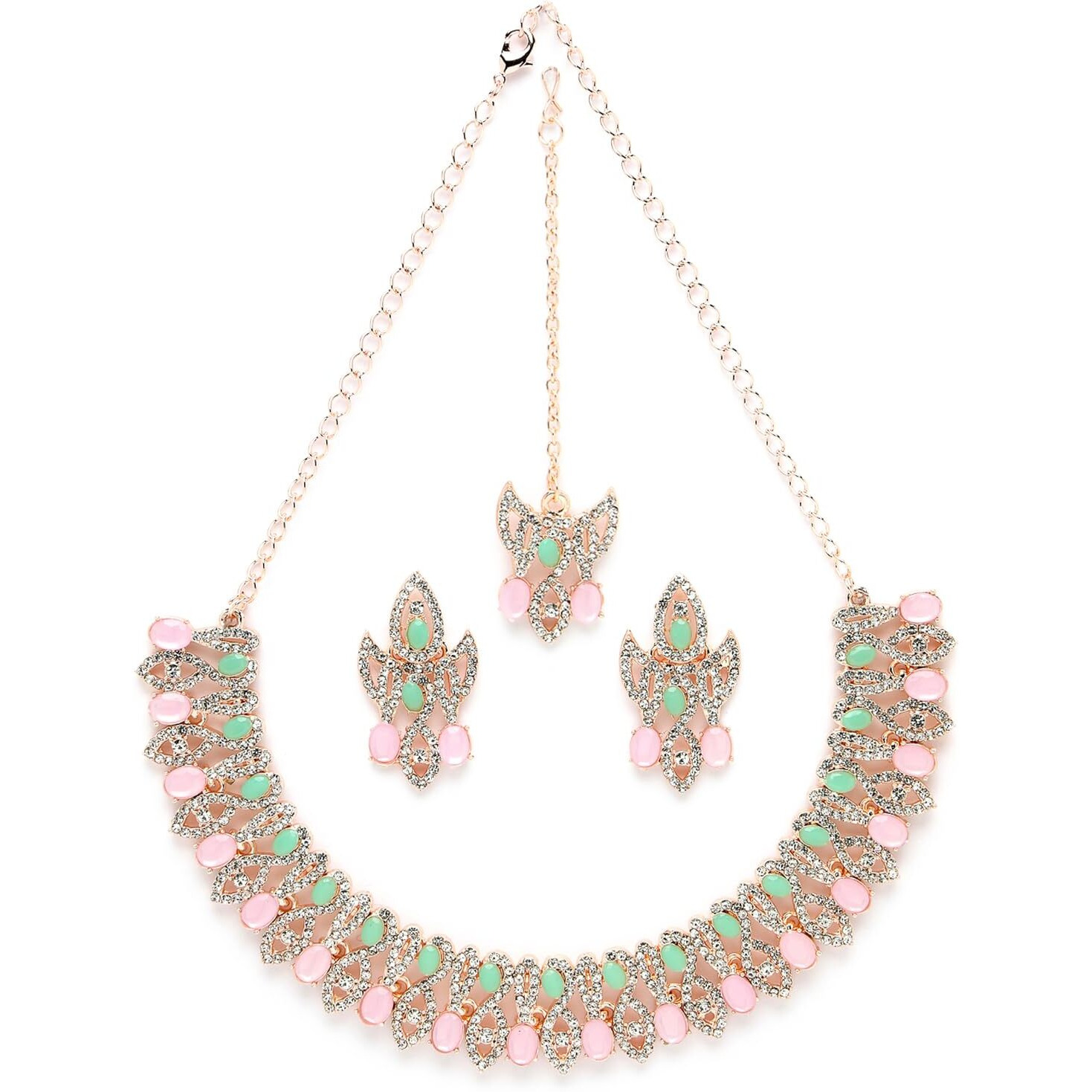 Sukkhi Admirable Fashionable AD Mint Green Stones Collar Bone Necklace Set With Earring And Maangtika | Jewellery Set For Women (NS105672)