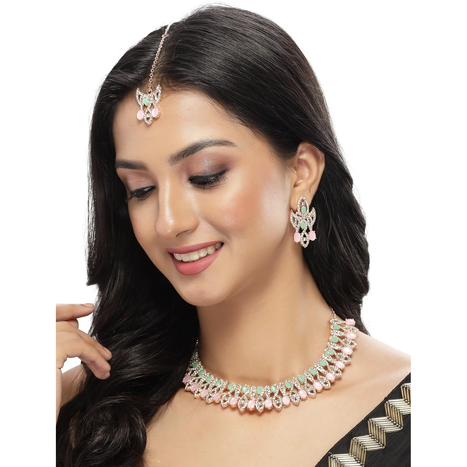 Sukkhi Admirable Fashionable AD Mint Green Stones Collar Bone Necklace Set With Earring And Maangtika | Jewellery Set For Women (NS105672)