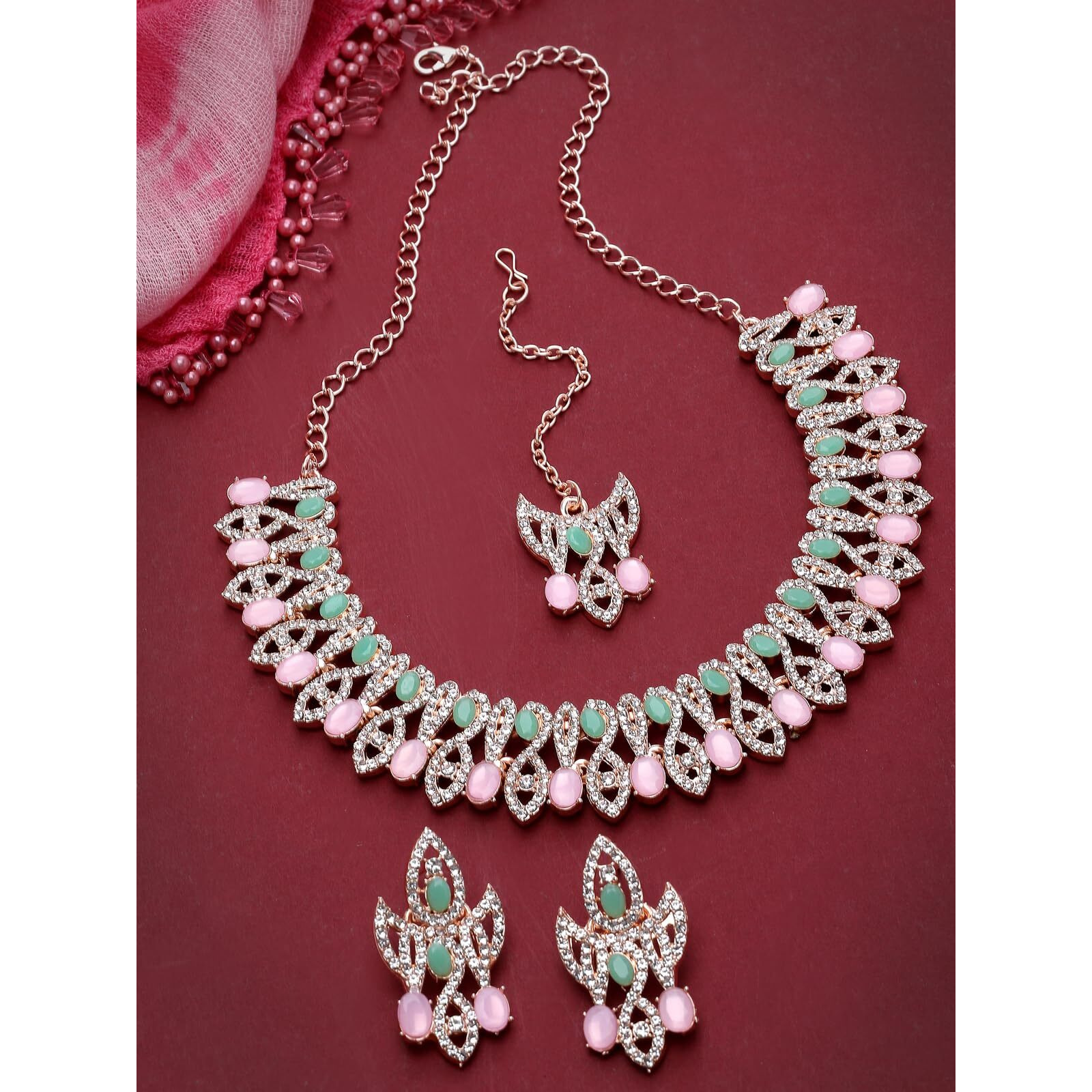 Sukkhi Admirable Fashionable AD Mint Green Stones Collar Bone Necklace Set With Earring And Maangtika | Jewellery Set For Women (NS105672)