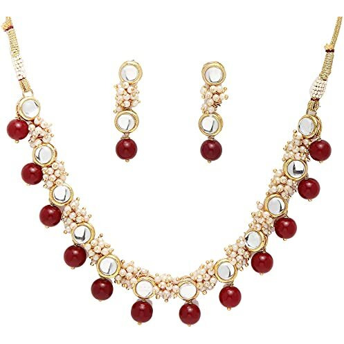 Karatcart Womens Gold-Plated Red Beads and Pearl Ball Studded Handcrafted Kundan Choker Necklace Set