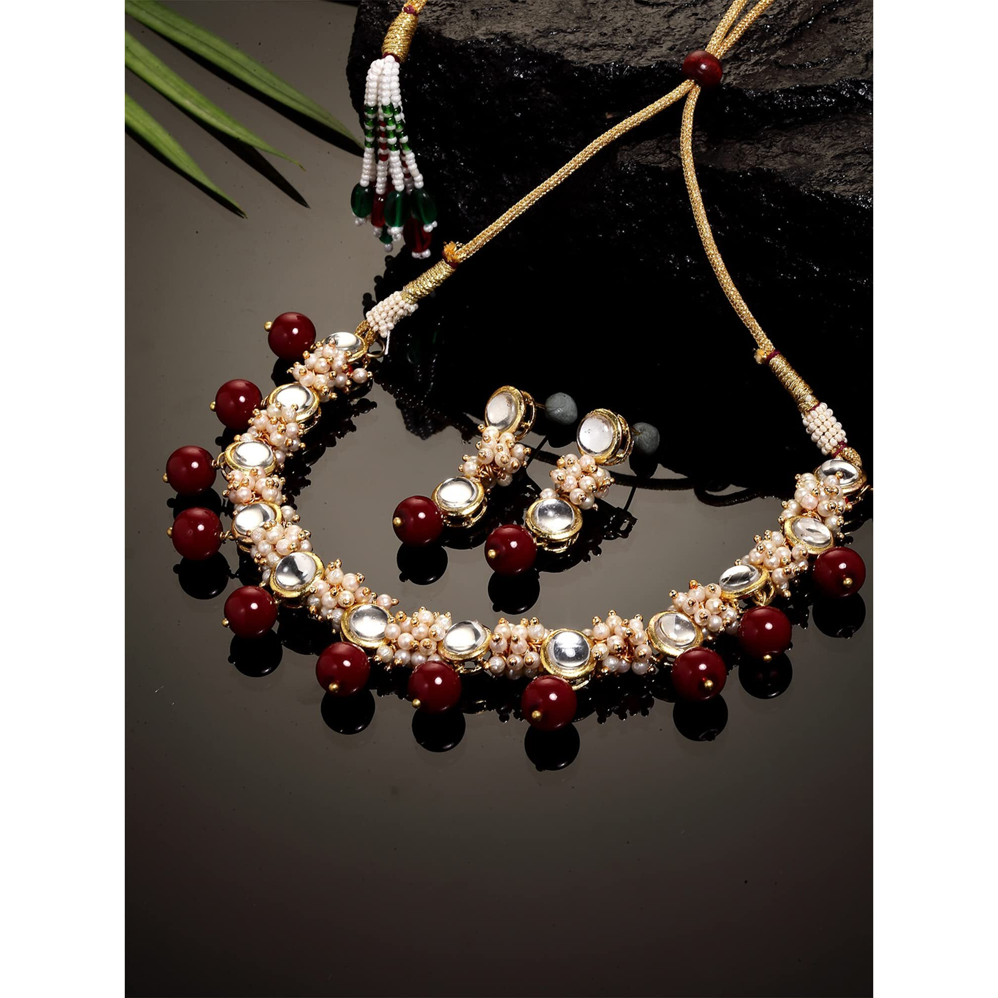 Karatcart Womens Gold-Plated Red Beads and Pearl Ball Studded Handcrafted Kundan Choker Necklace Set