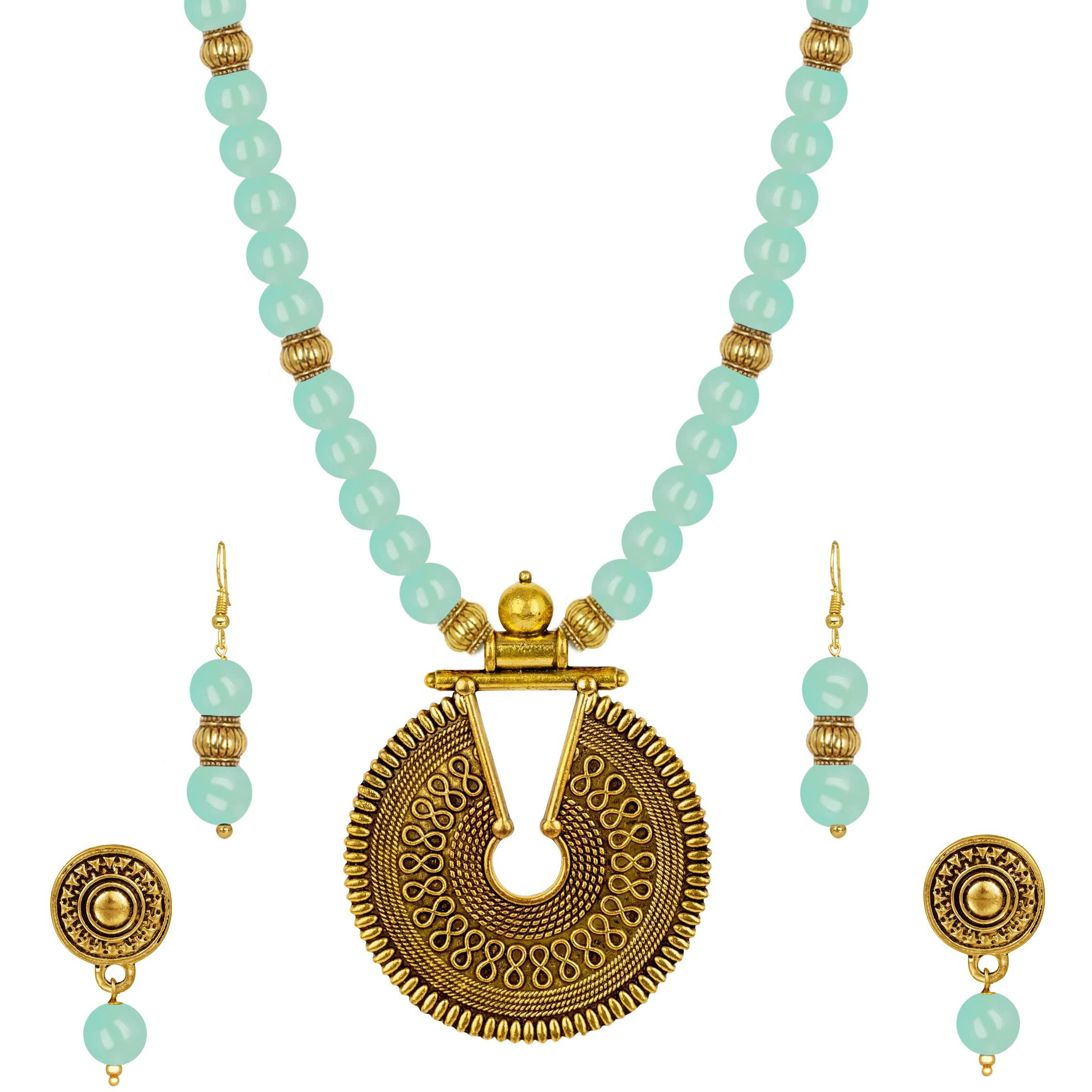 JFL - Jewellery for Less Fashionable Gold Plated Oxidized German Key Hole Beaded Necklace with 2 pair of Earrings Set for Women and Girls(Mint Green),Valentine