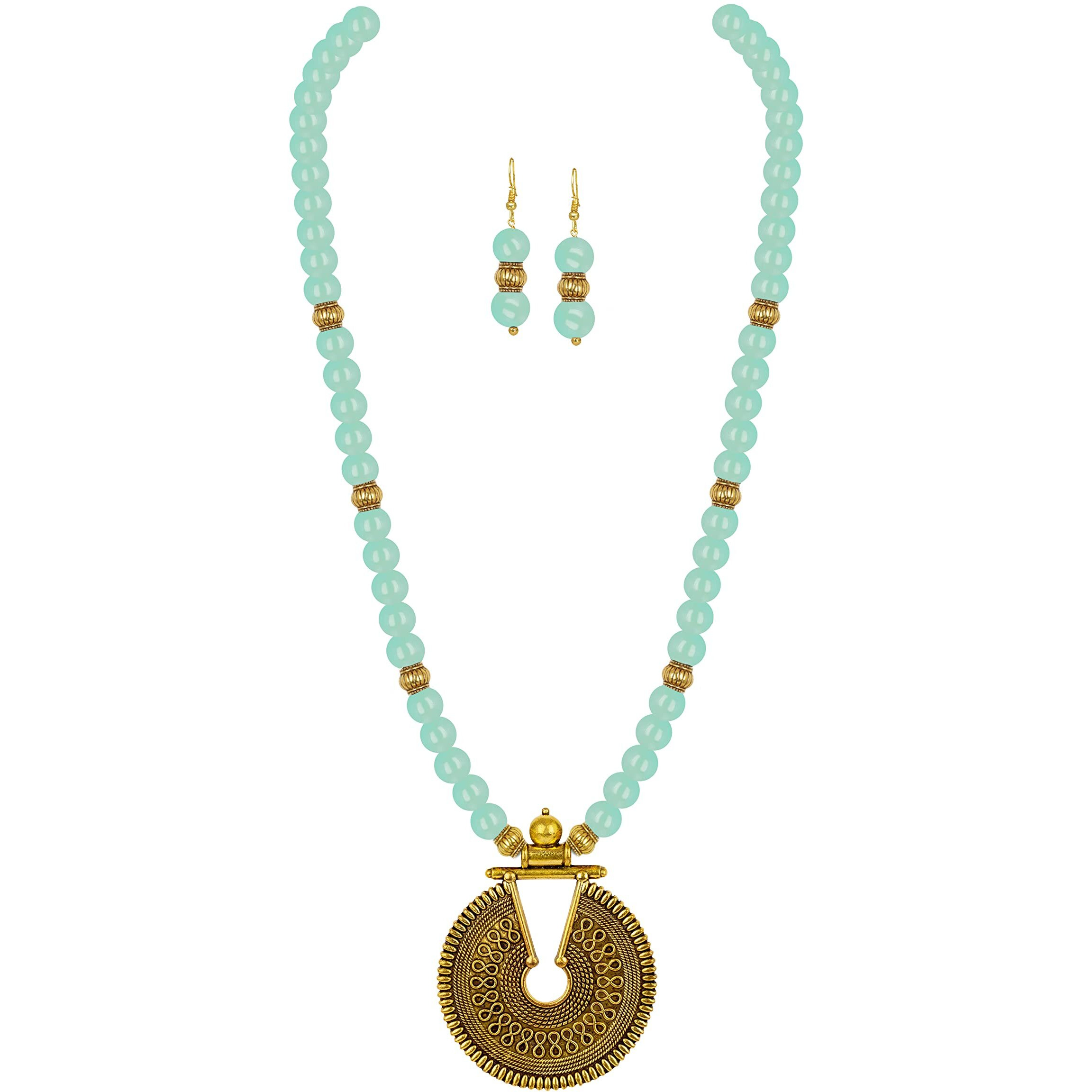 JFL - Jewellery for Less Fashionable Gold Plated Oxidized German Key Hole Beaded Necklace with 2 pair of Earrings Set for Women and Girls(Mint Green),Valentine