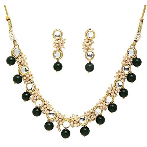 Karatcart Womens Gold-Plated Green Beads and Pearl Ball Studded Handcrafted Kundan Choker Necklace Set