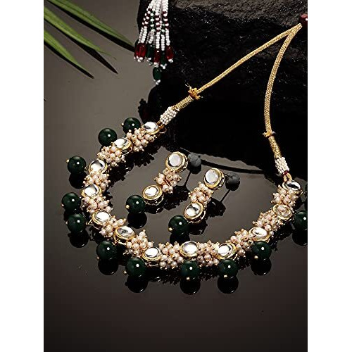 Karatcart Womens Gold-Plated Green Beads and Pearl Ball Studded Handcrafted Kundan Choker Necklace Set