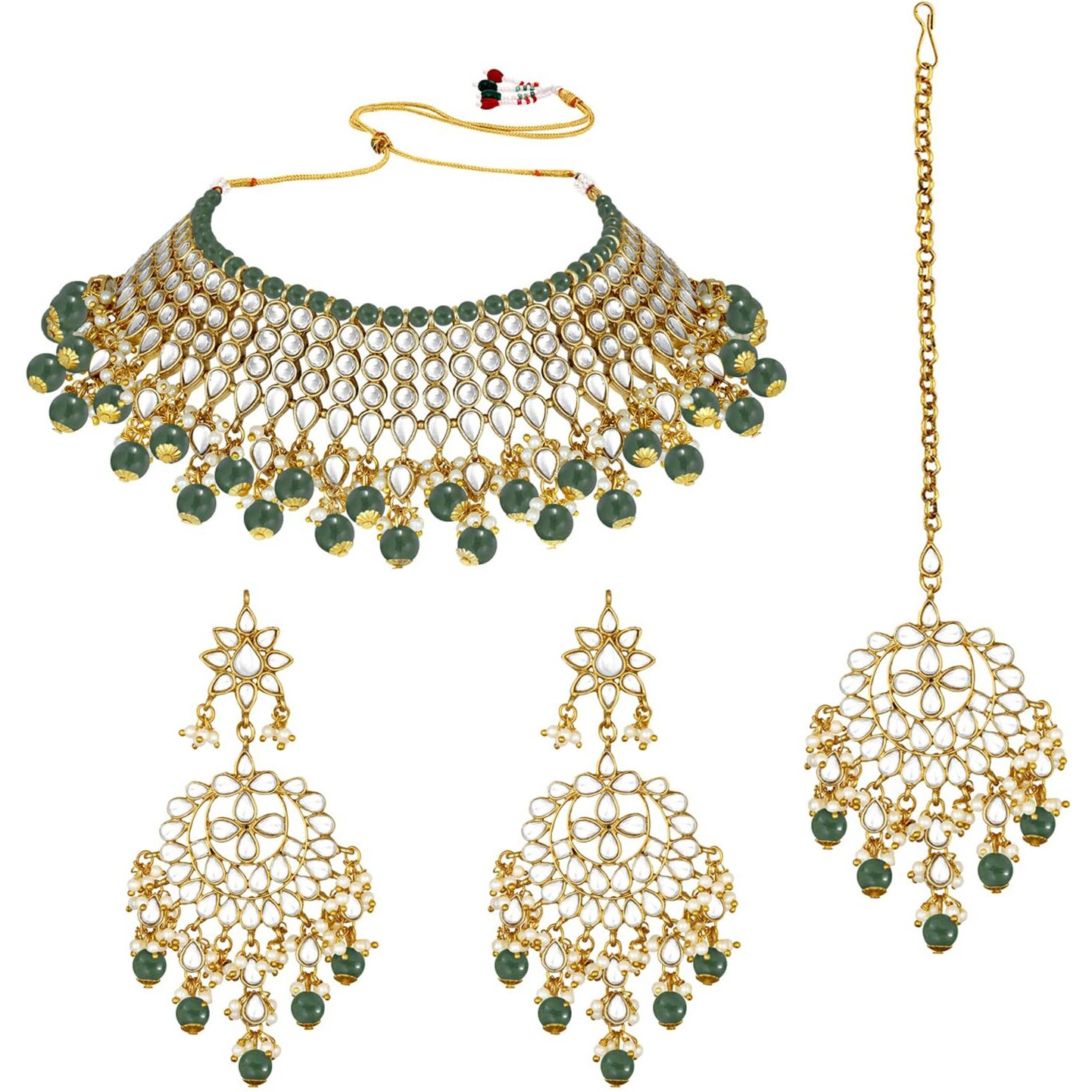 Peora Gold Plated Green Pearl White Kundan Choker Necklace with Earring Maang Tikka Traditional Ethnic Bridal Jewellery Set for Women