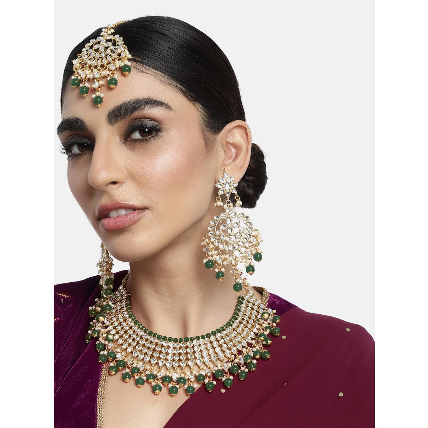 Peora Gold Plated Green Pearl White Kundan Choker Necklace with Earring Maang Tikka Traditional Ethnic Bridal Jewellery Set for Women