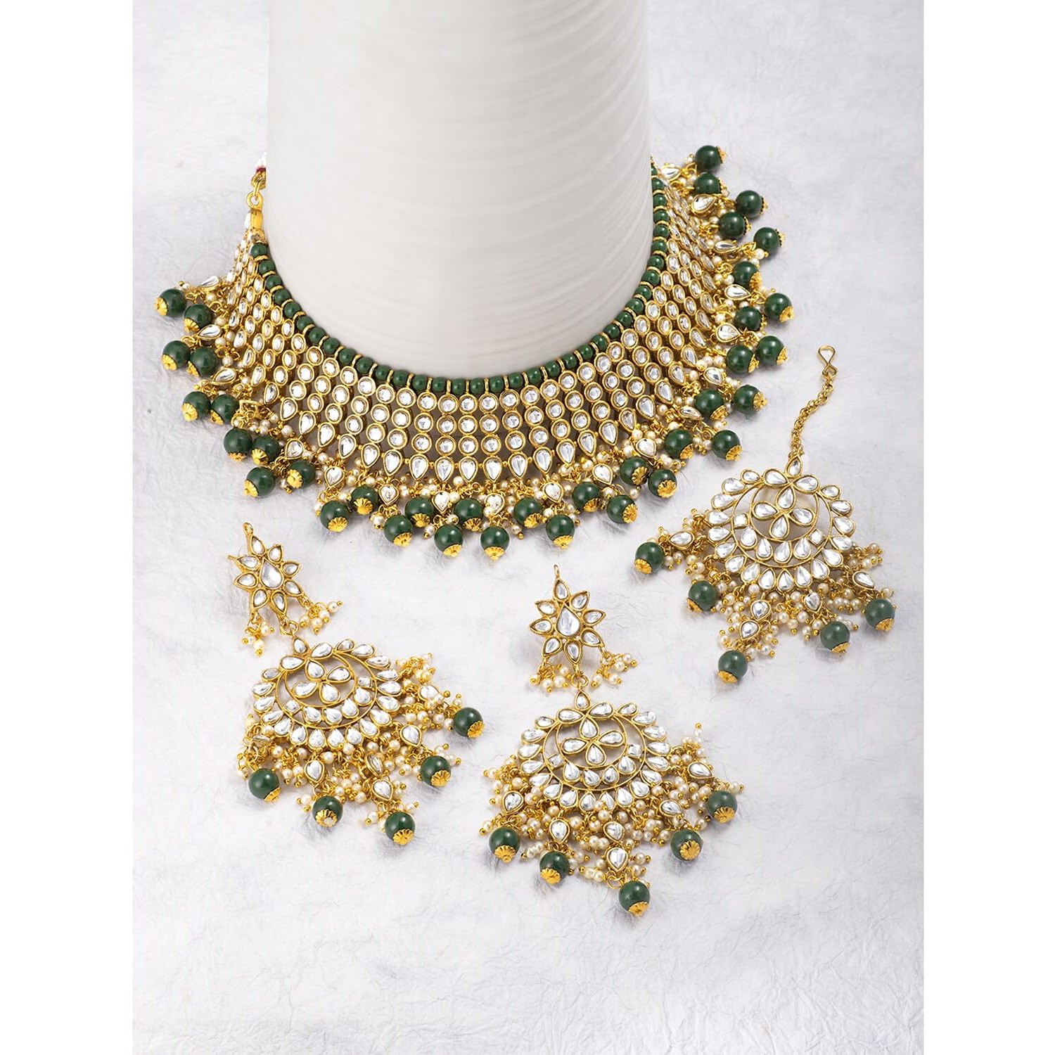 Peora Gold Plated Green Pearl White Kundan Choker Necklace with Earring Maang Tikka Traditional Ethnic Bridal Jewellery Set for Women