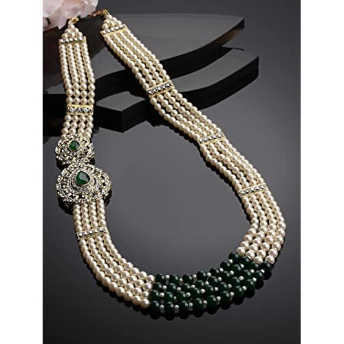 sanjog Long Off-White Pearl Necklace for Men Groom (Green)