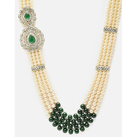 sanjog Long Off-White Pearl Necklace for Men Groom (Green)