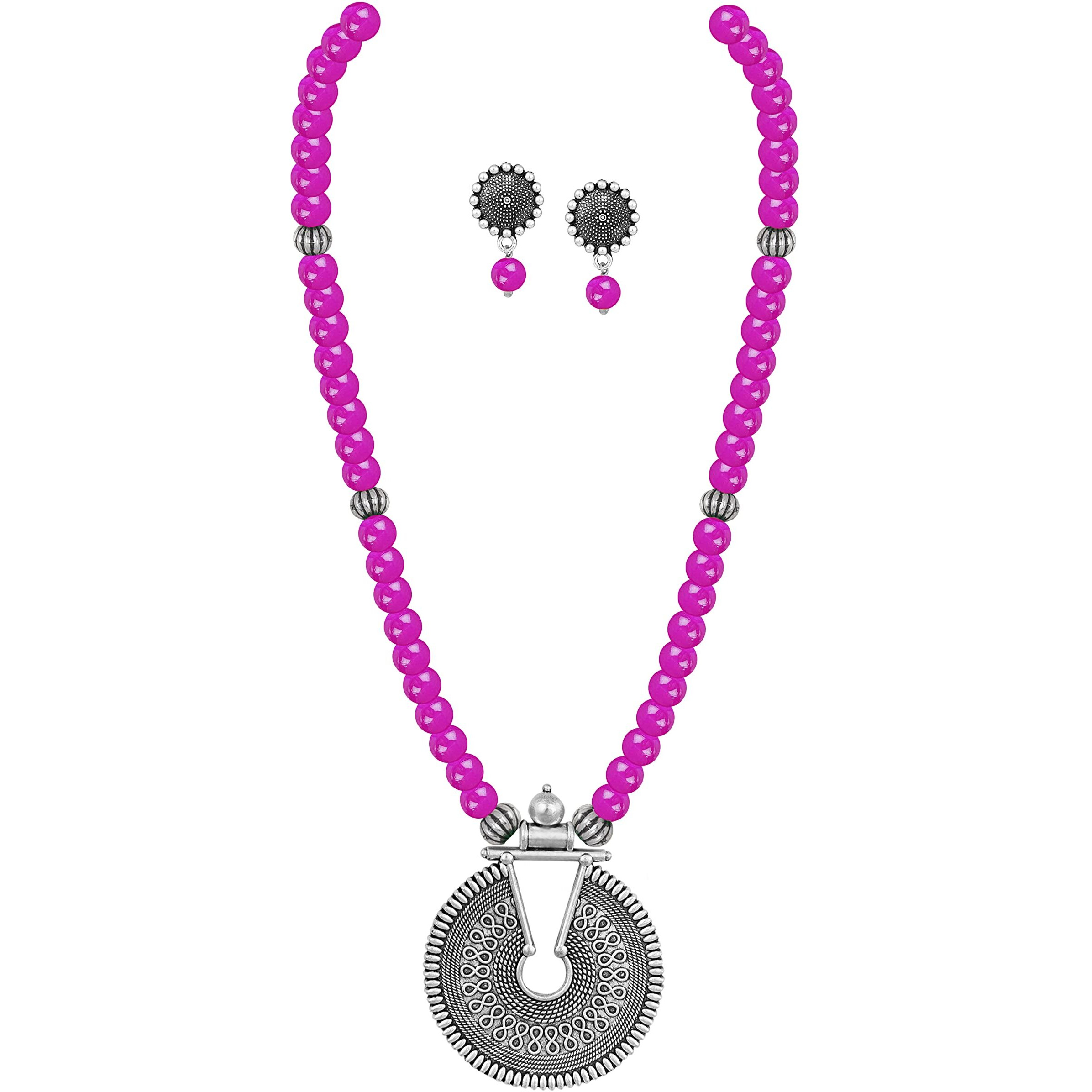 JFL - Jewellery for Less Fashionable Oxidized German Silver Key Hole Beaded Necklace with 1 pair of Earrings Set for Women and Girls(Pink),Valentine