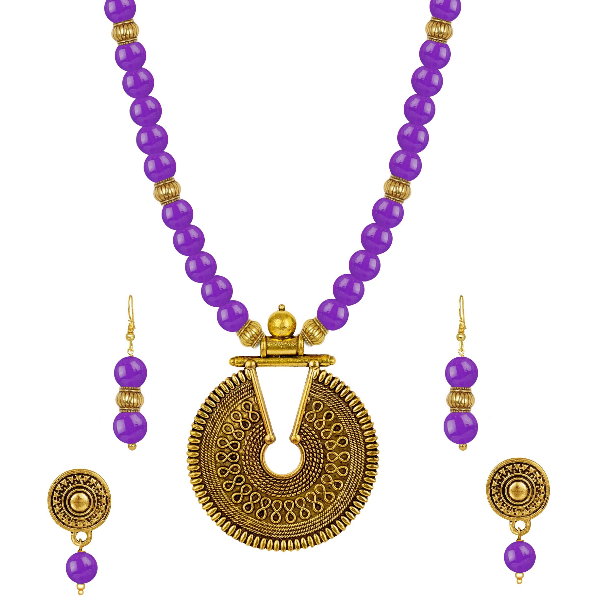 JFL - Jewellery for Less Fashionable Gold Plated Oxidized German Key Hole Beaded Necklace with 2 pair of Earrings Set for Women and Girls(Purple),Valentine