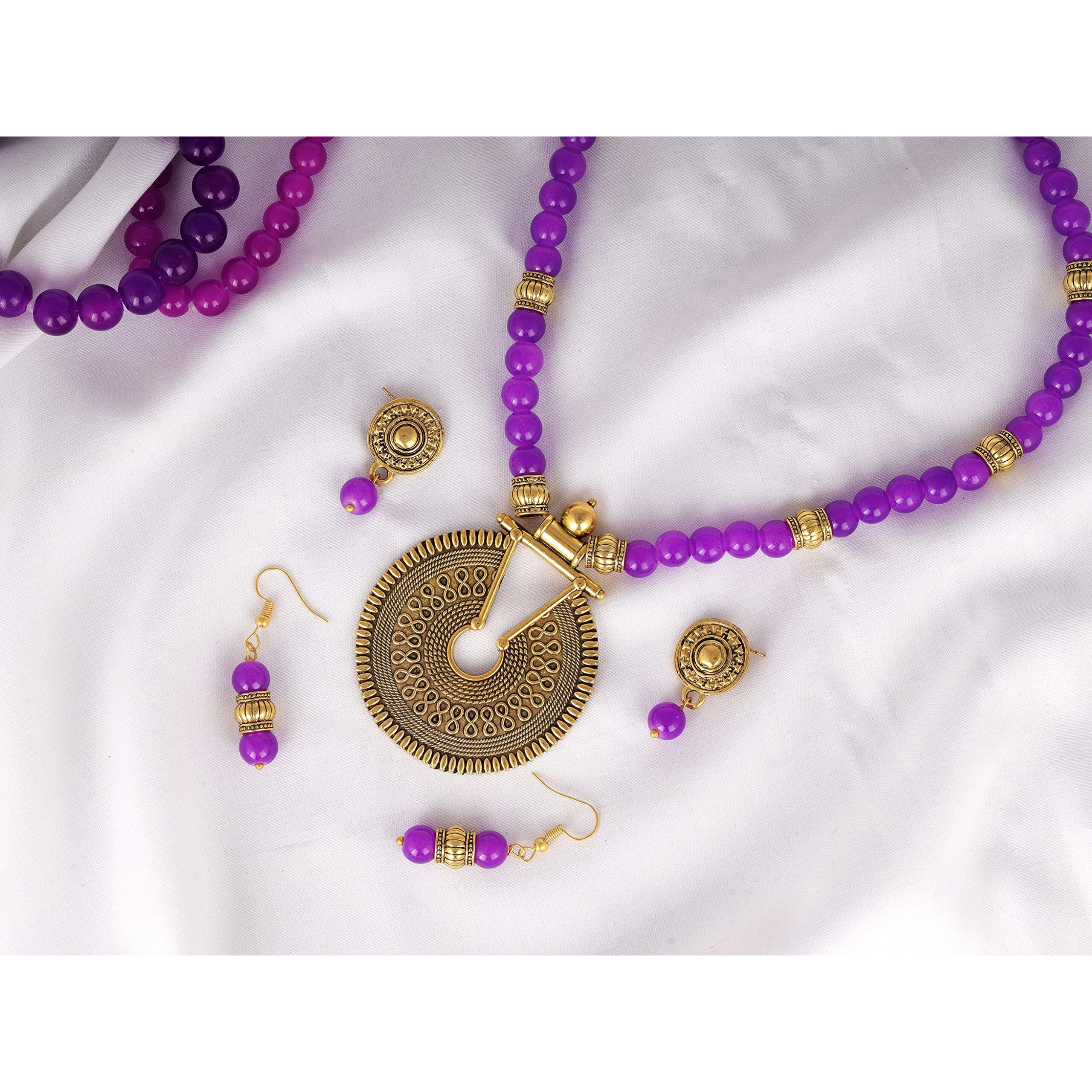 JFL - Jewellery for Less Fashionable Gold Plated Oxidized German Key Hole Beaded Necklace with 2 pair of Earrings Set for Women and Girls(Purple),Valentine