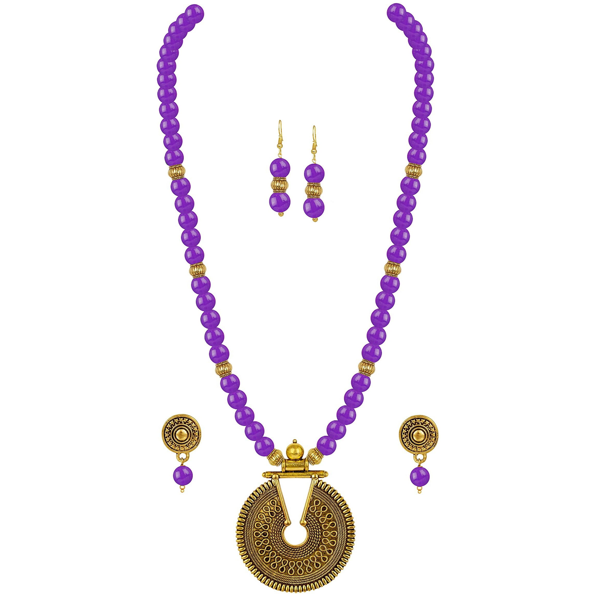 JFL - Jewellery for Less Fashionable Gold Plated Oxidized German Key Hole Beaded Necklace with 2 pair of Earrings Set for Women and Girls(Purple),Valentine