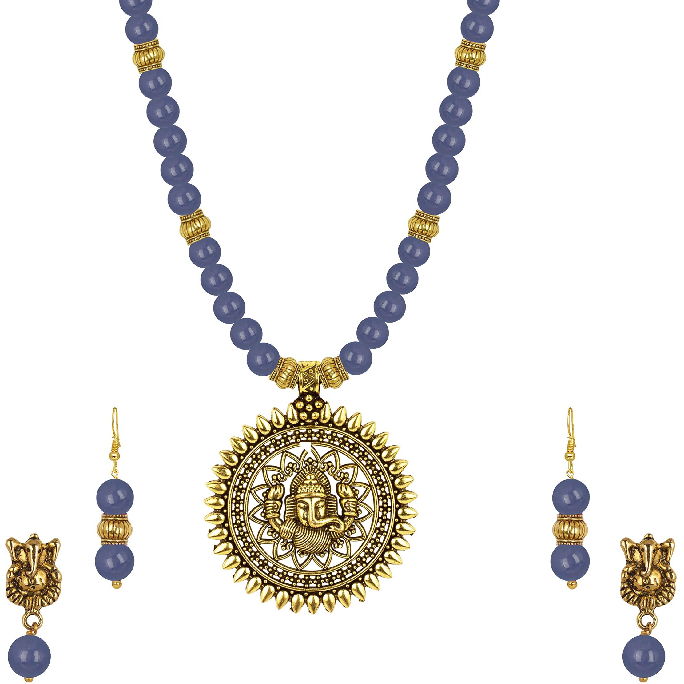 JFL - Jewellery for Less Fashionable Gold Plated Oxidized German Ganesha Beaded Necklace with 2 pair of Earrings Set for Women and Girls(Sea Blue),Valentine