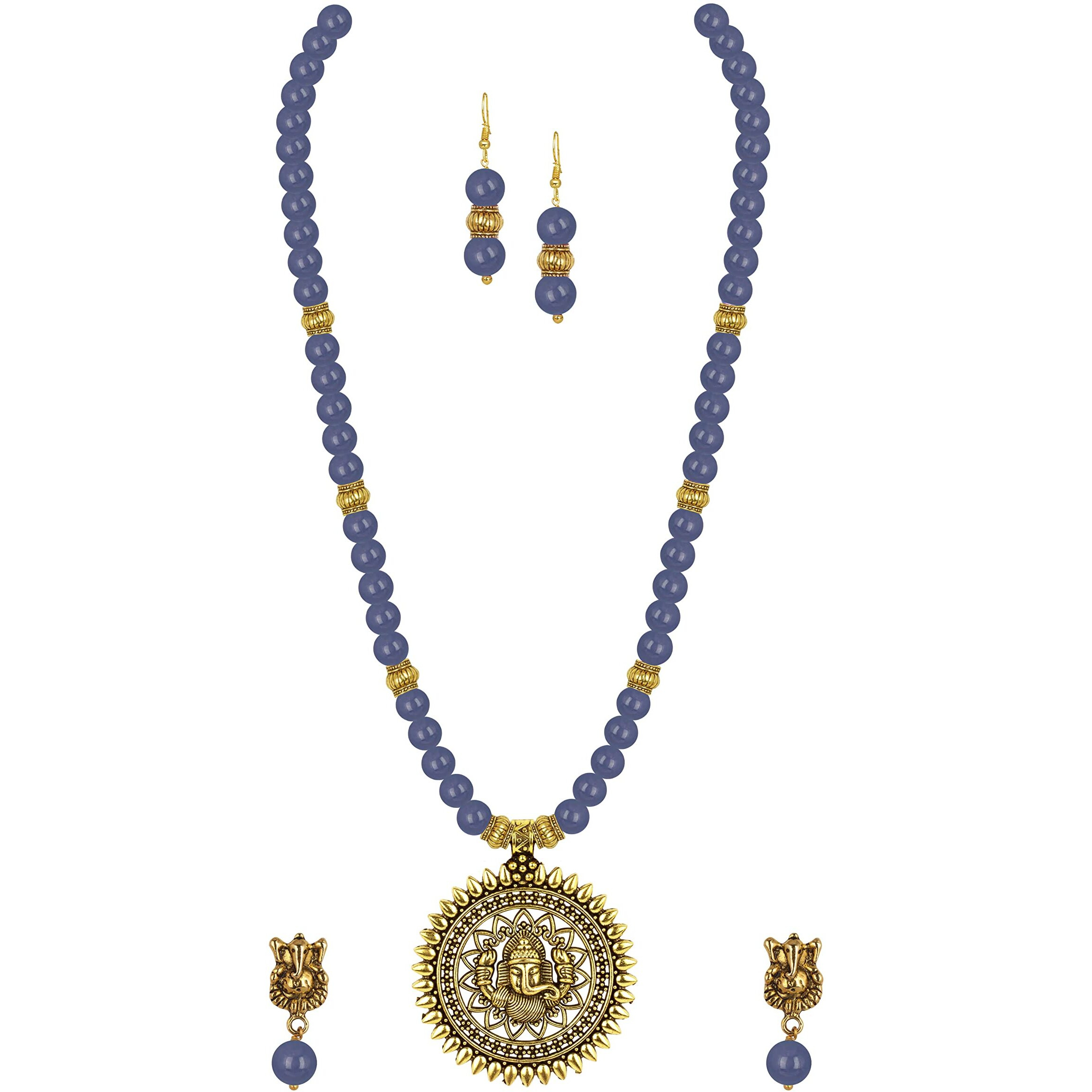 JFL - Jewellery for Less Fashionable Gold Plated Oxidized German Ganesha Beaded Necklace with 2 pair of Earrings Set for Women and Girls(Sea Blue),Valentine