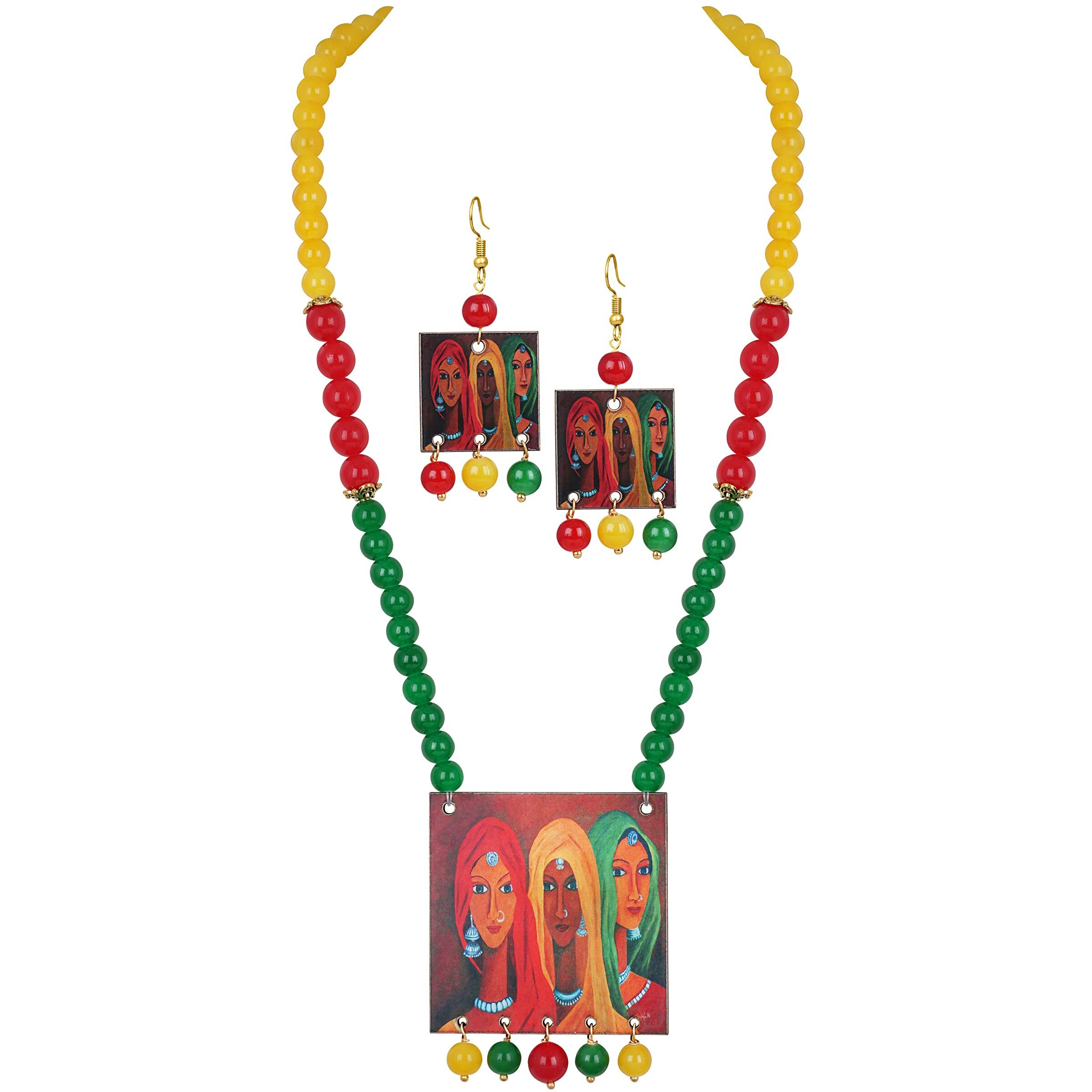 JFL - Jewellery for Less Handcrafted Rajasthani Women Painting Print Beaded Designer Necklace Set for Women and Girls (Yellow, Red,Green),Valentine