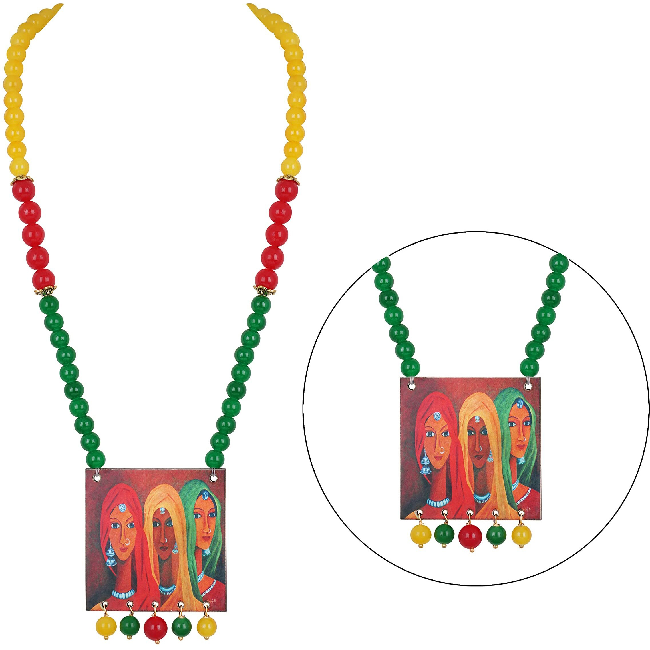 JFL - Jewellery for Less Handcrafted Rajasthani Women Painting Print Beaded Designer Necklace Set for Women and Girls (Yellow, Red,Green),Valentine