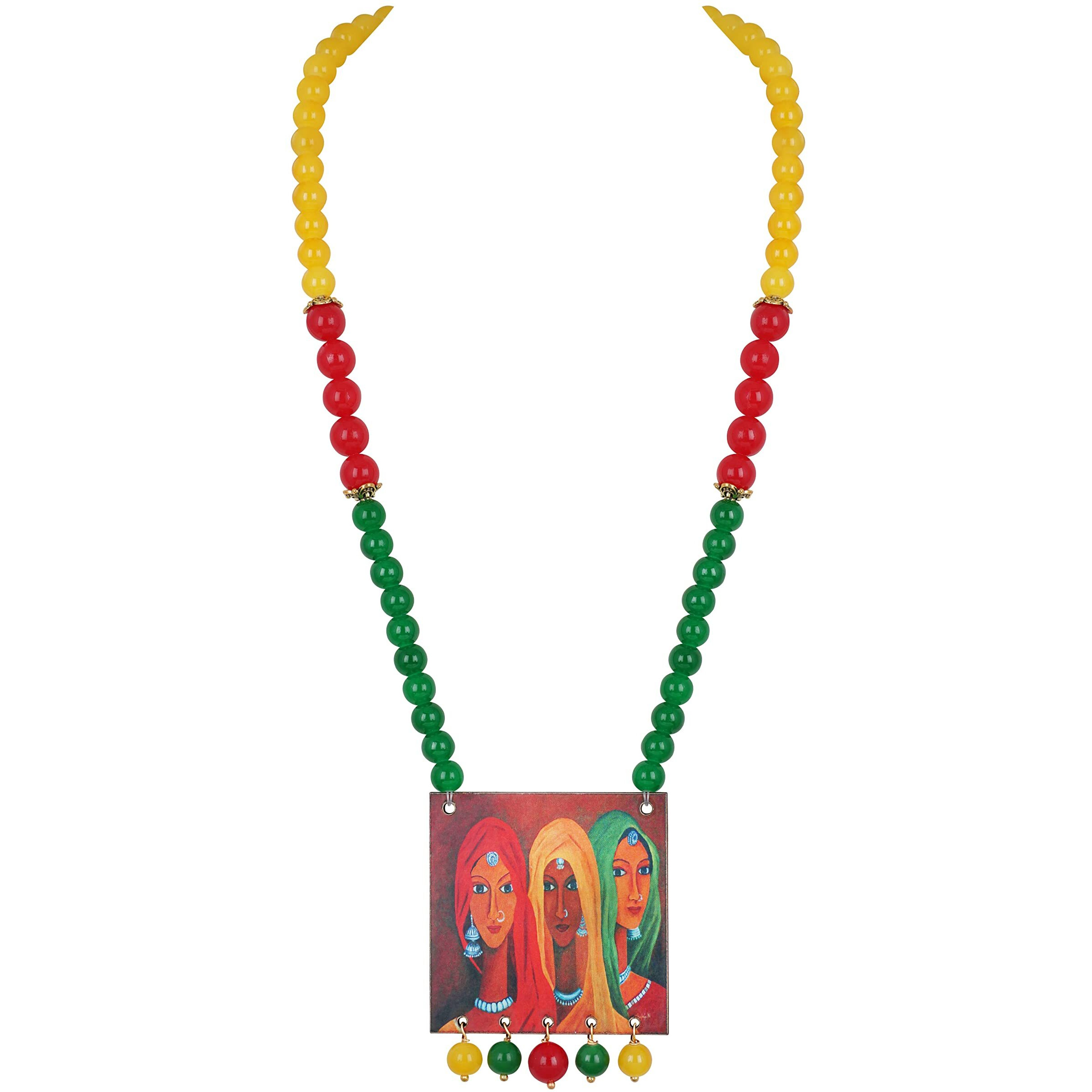 JFL - Jewellery for Less Handcrafted Rajasthani Women Painting Print Beaded Designer Necklace Set for Women and Girls (Yellow, Red,Green),Valentine