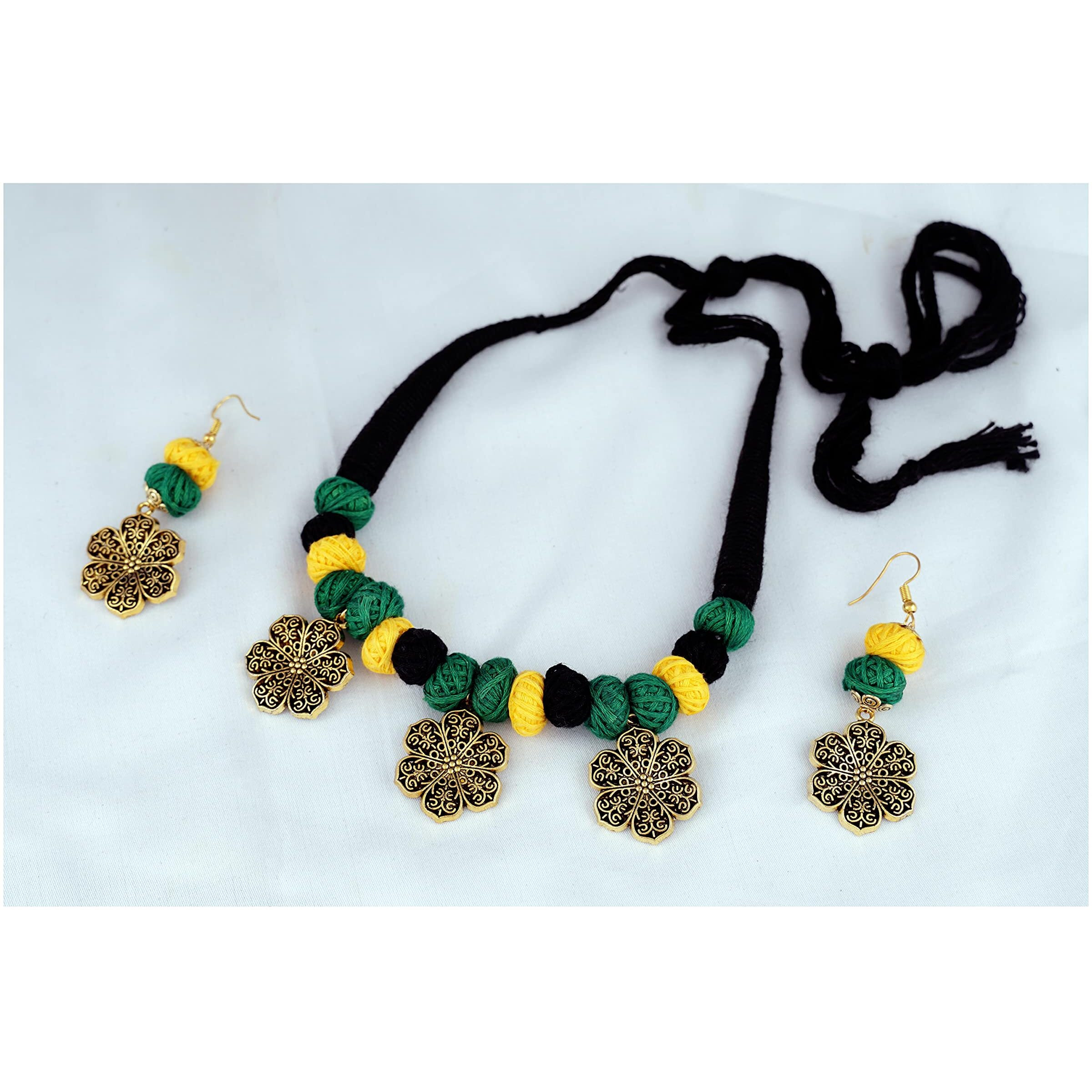 JFL - Jewellery for Less Fashion Handcrafted Gold German Silver Oxidized Beads with Red Cotton Adjustable Thread Necklace Set (Yellow & Green) For Unisex Adult,Valentine