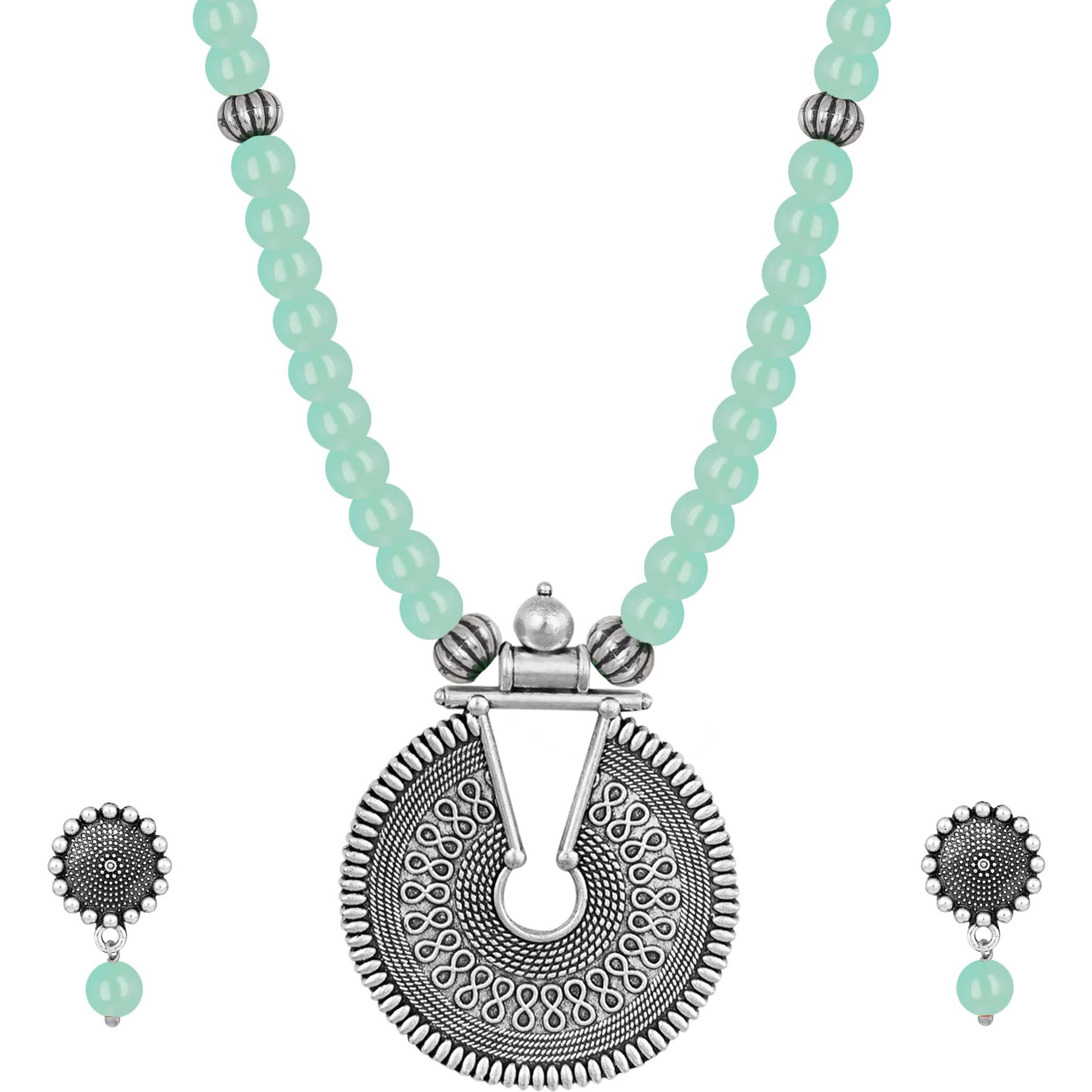 JFL - Jewellery for Less Fashionable Oxidized German Silver Key Hole Beaded Necklace with 1 pair of Earrings Set for Women and Girls(Mint Green),Valentine