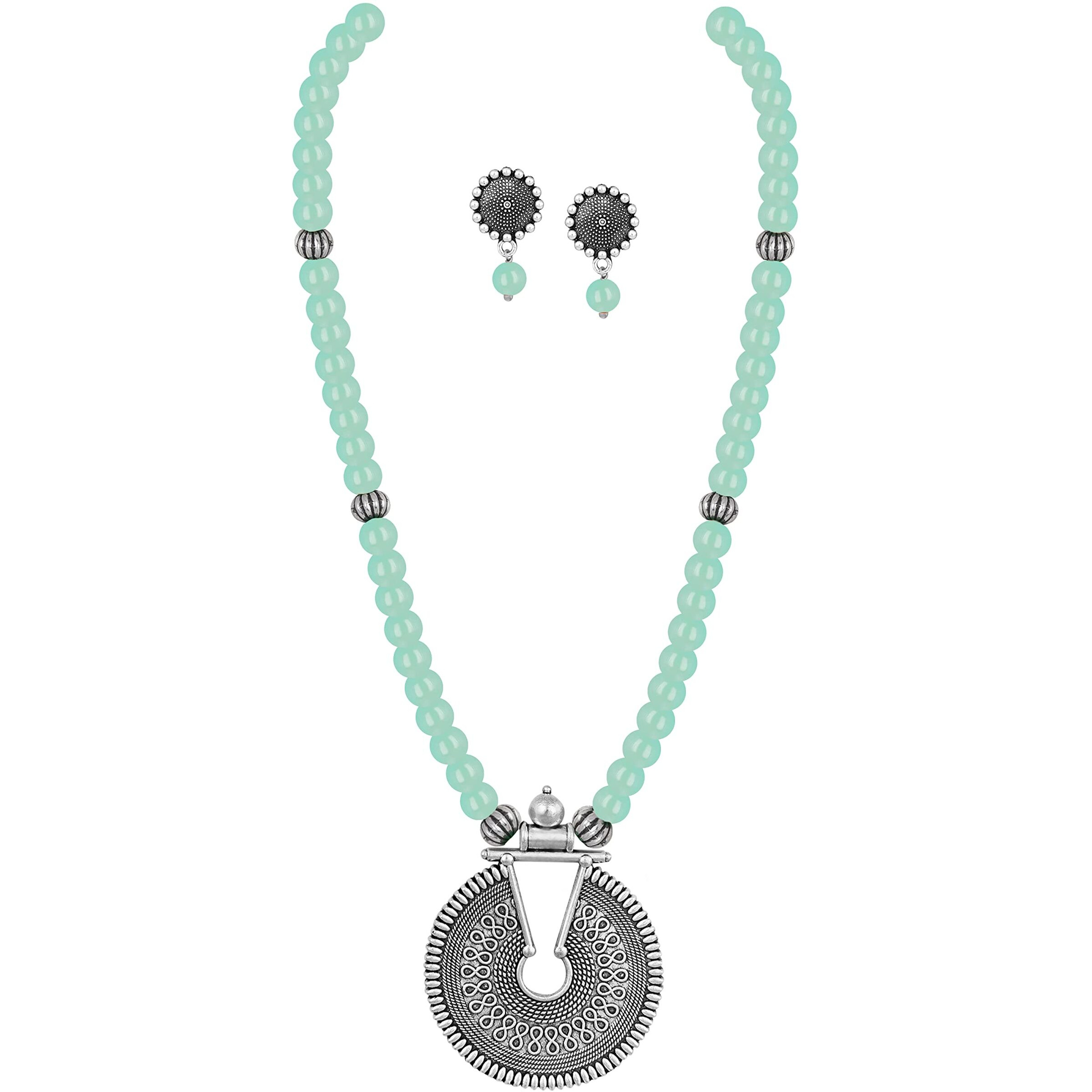 JFL - Jewellery for Less Fashionable Oxidized German Silver Key Hole Beaded Necklace with 1 pair of Earrings Set for Women and Girls(Mint Green),Valentine