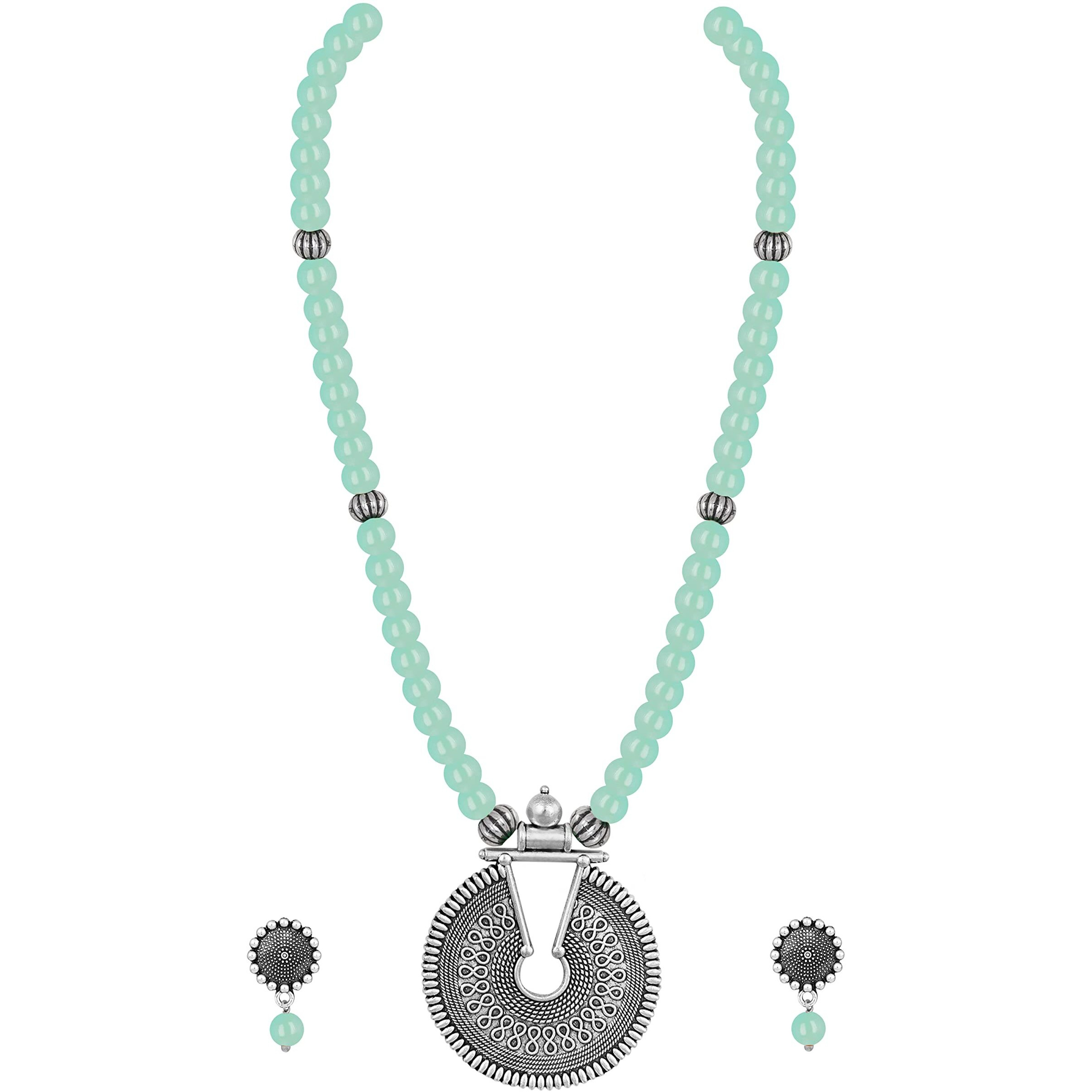 JFL - Jewellery for Less Fashionable Oxidized German Silver Key Hole Beaded Necklace with 1 pair of Earrings Set for Women and Girls(Mint Green),Valentine