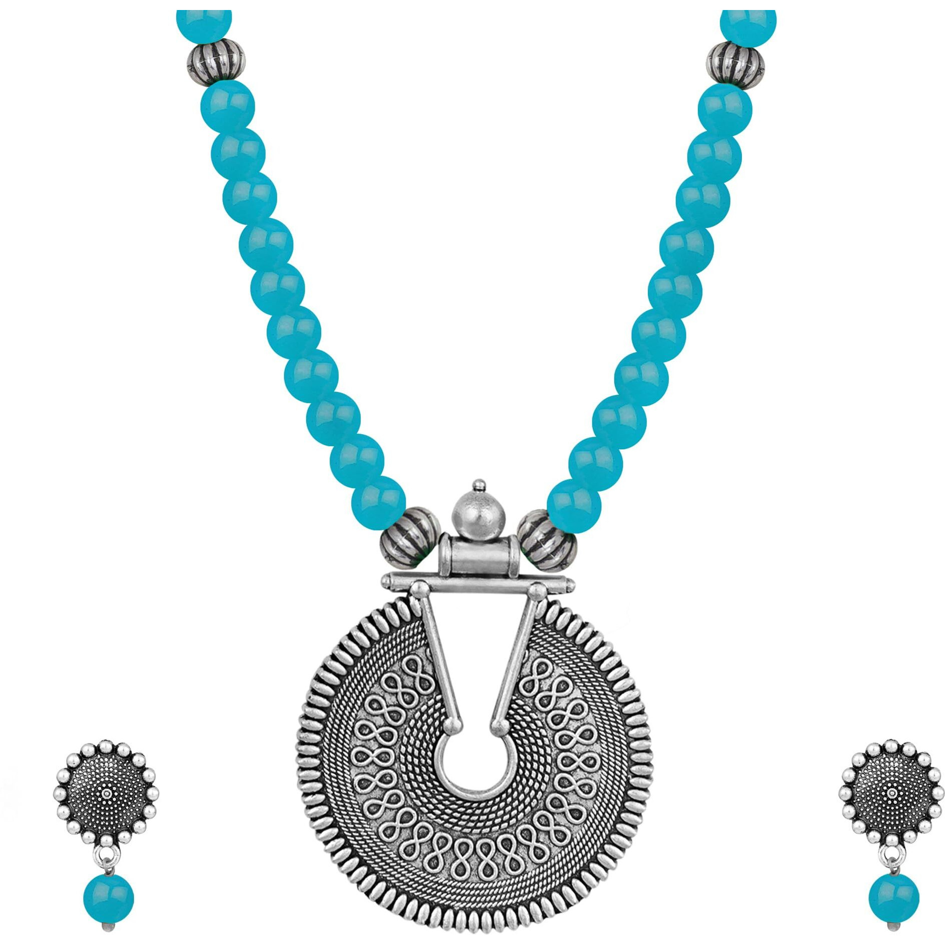 JFL - Jewellery for Less Fashionable Oxidized German Silver Key Hole Beaded Necklace with 1 pair of Earrings Set for Women and Girls(Turquoise Blue),Valentine