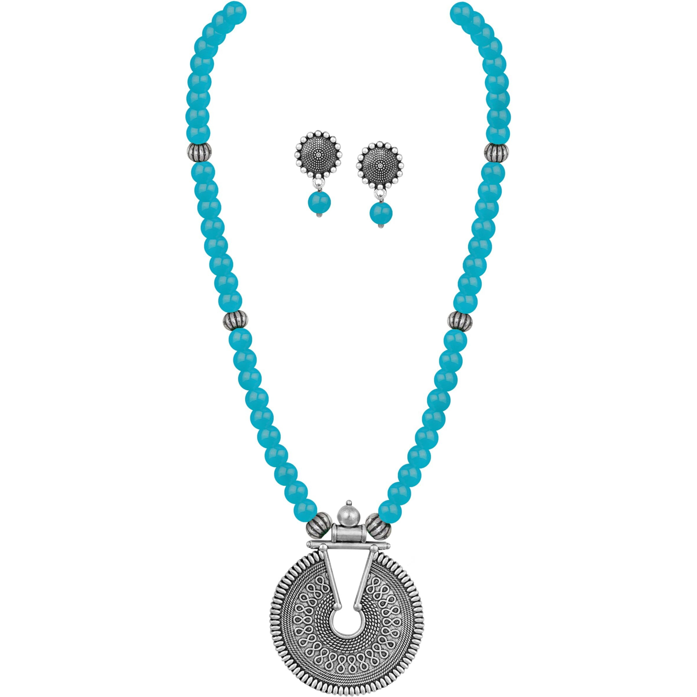 JFL - Jewellery for Less Fashionable Oxidized German Silver Key Hole Beaded Necklace with 1 pair of Earrings Set for Women and Girls(Turquoise Blue),Valentine