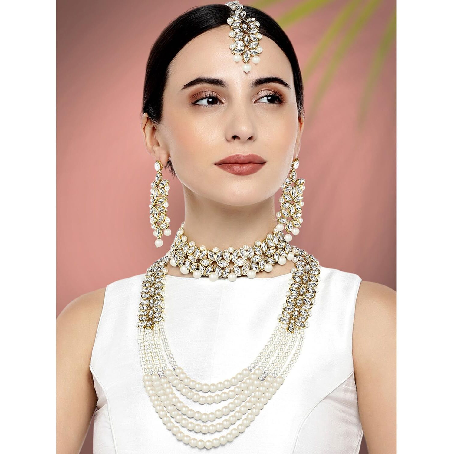 Peora Indian Traditional Gold Plated Kundan Faux Pearl Wedding Bridal Necklace Jewellery Set with Earring Maang Tikka for Women Girls