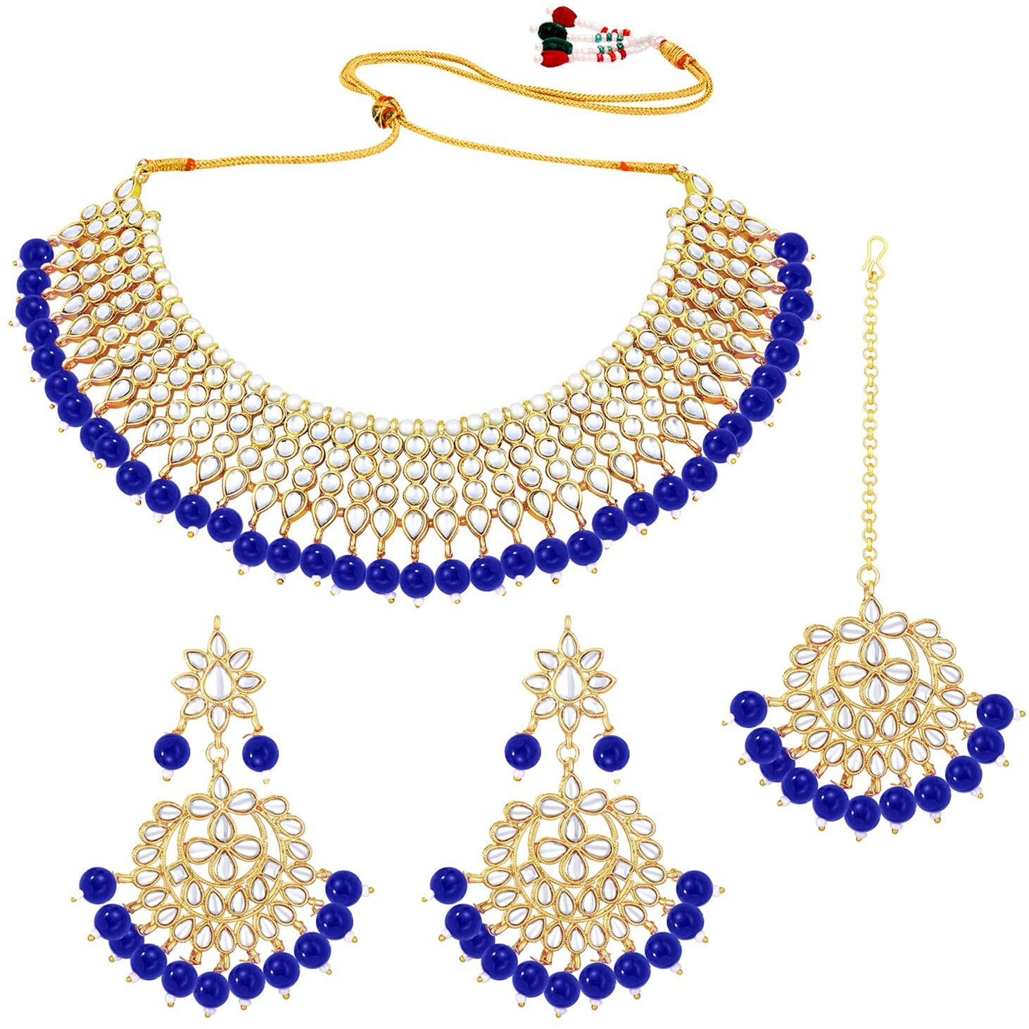 Peora 18K Gold Plated Traditional Kundan Pearl Blue Faux Pearl Choker Necklace with Earring Maang Tikka Jewellery Set for Women Girls