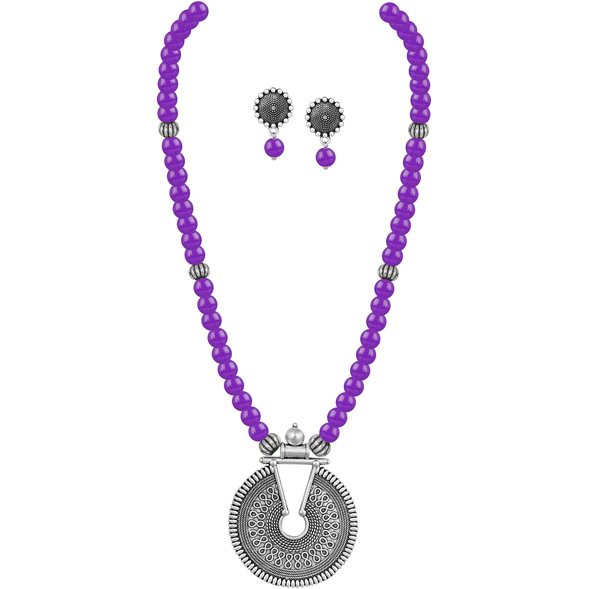 JFL - Jewellery for Less Fashionable Oxidized German Silver Key Hole Beaded Necklace with 1 pair of Earrings Set for Women and Girls (Purple),Valentine