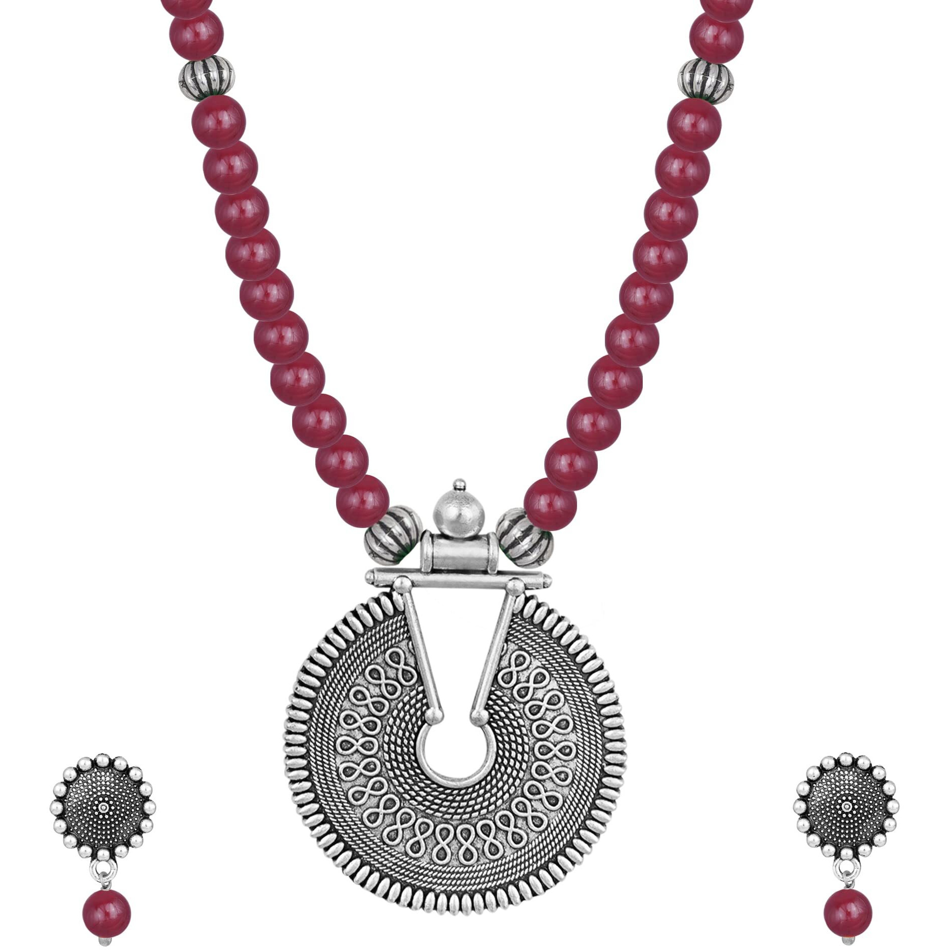 JFL - Jewellery for Less Fashionable Oxidized German Silver Key Hole Beaded Necklace with 1 pair of Earrings Set for Women and Girls (Maroon),Valentine